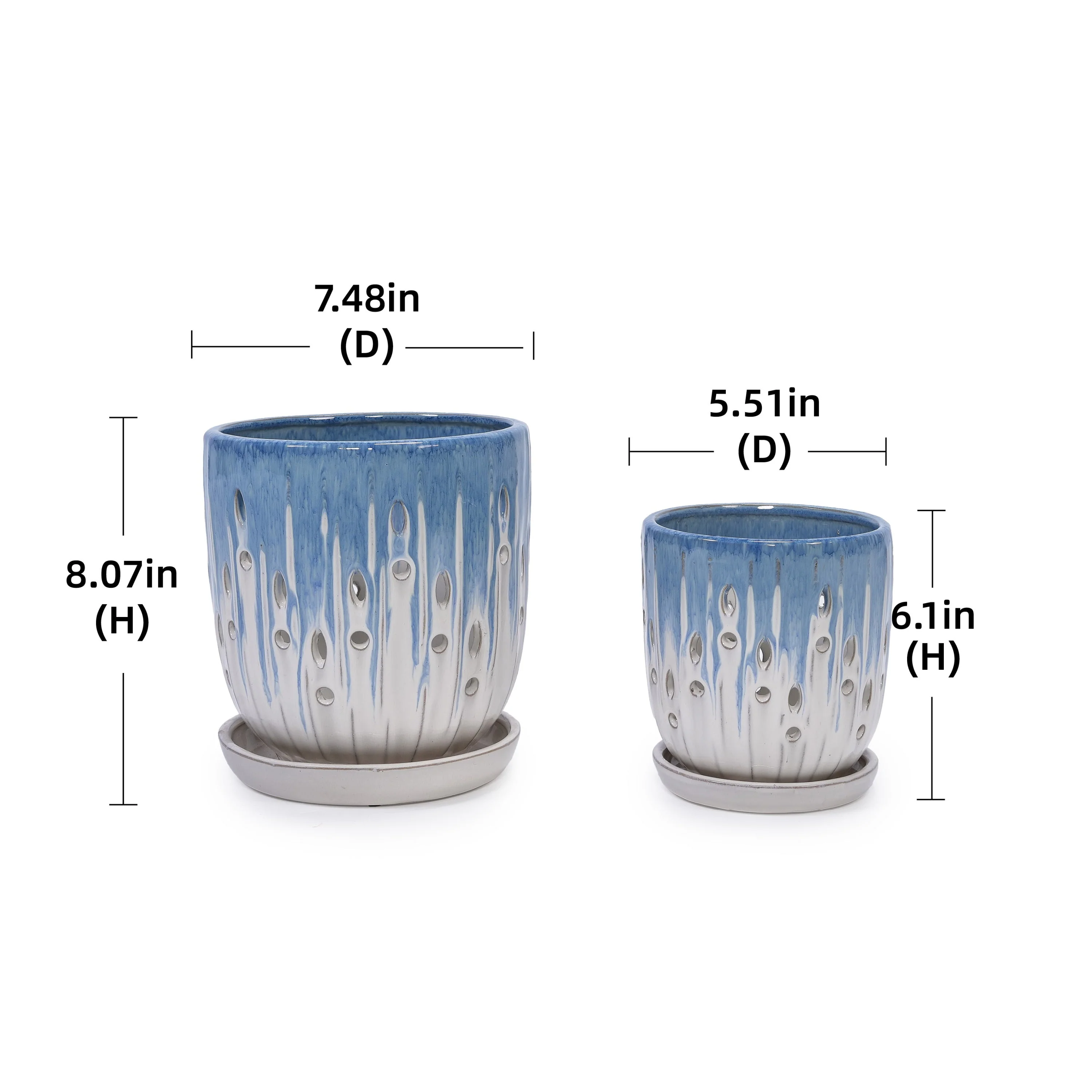 Set of 2 Ceramic Flowerpot with Drainage Hole, 8' Modern Planter for Patio, Garden, Windowsill - White Blue - Image 3