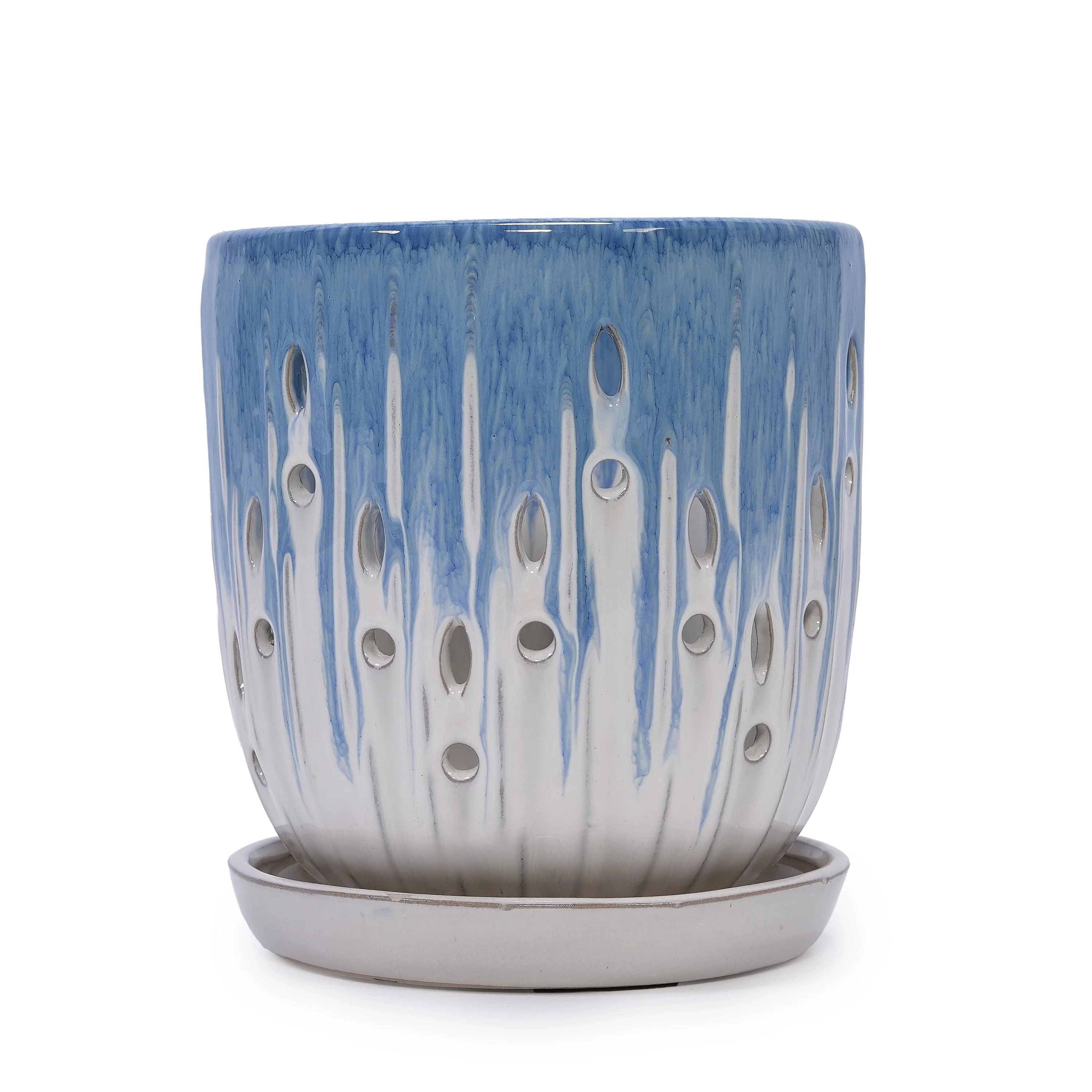 Set of 2 Ceramic Flowerpot with Drainage Hole, 8' Modern Planter for Patio, Garden, Windowsill - White Blue - Image 5