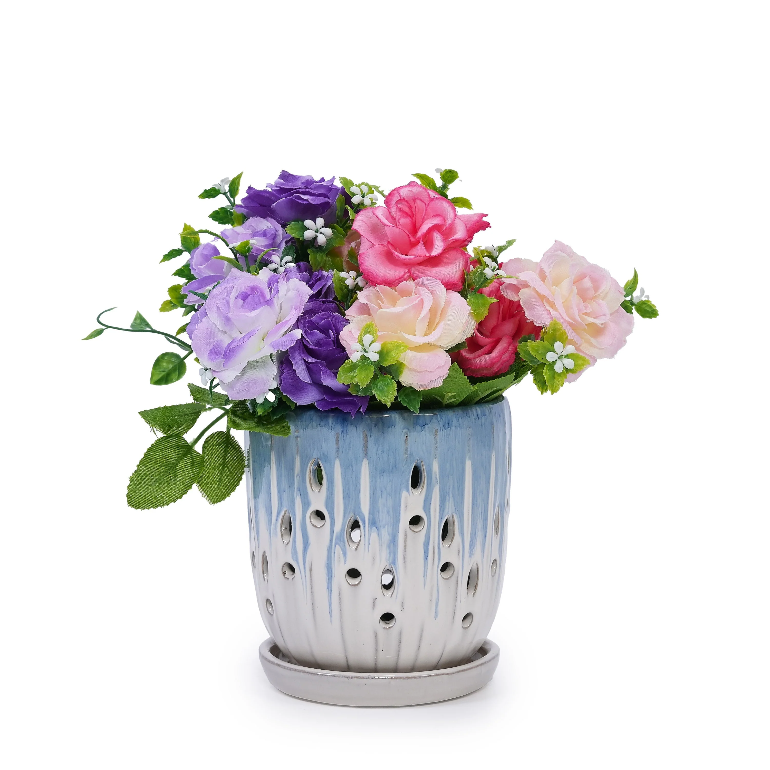 Set of 2 Ceramic Flowerpot with Drainage Hole, 8' Modern Planter for Patio, Garden, Windowsill - White Blue - Image 6