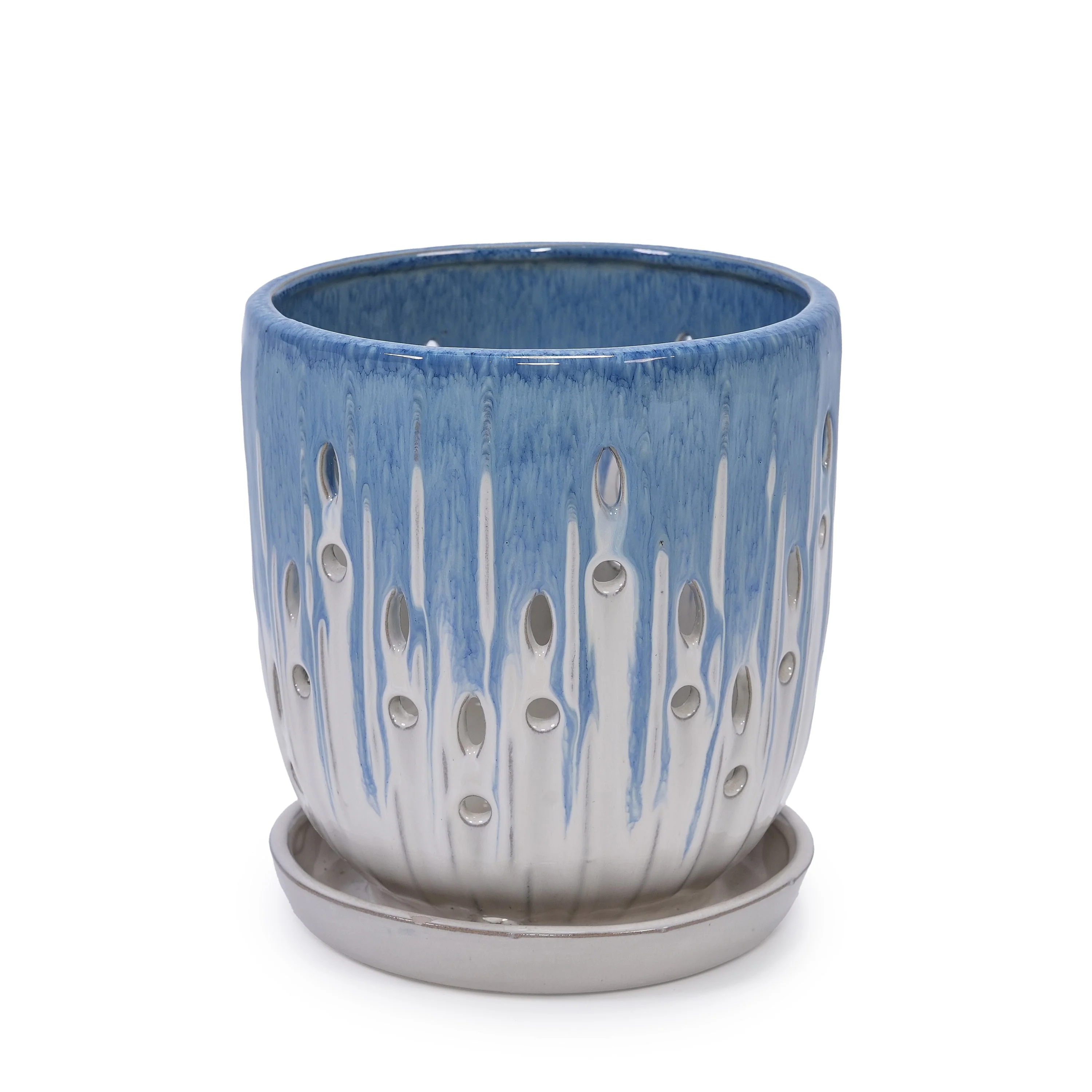 Set of 2 Ceramic Flowerpot with Drainage Hole, 8' Modern Planter for Patio, Garden, Windowsill - White Blue - Image 7