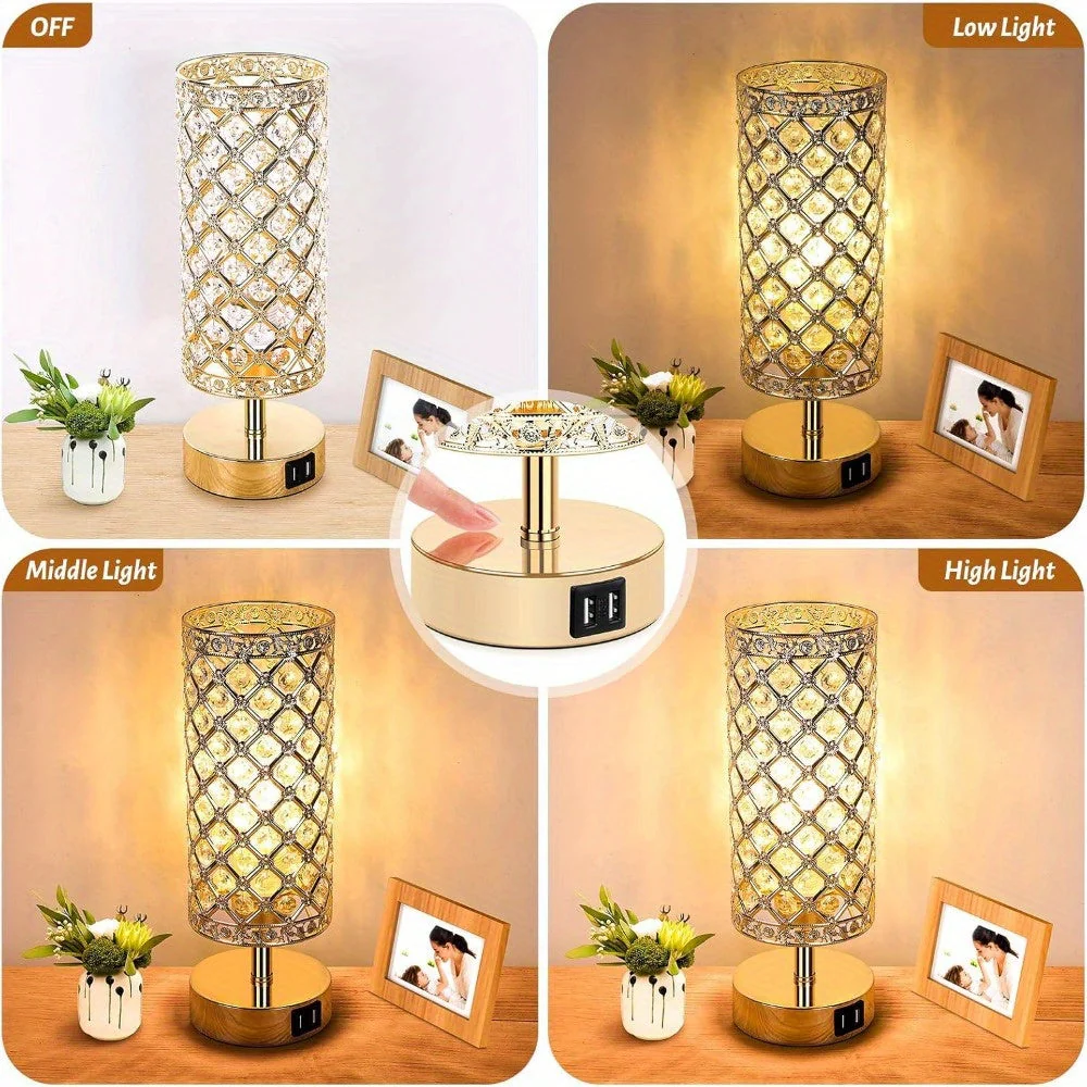 Set of 2 Crystal Table Lamps – Touch Control USB Bedside Lights, 3-Way Dimmable - Image 2