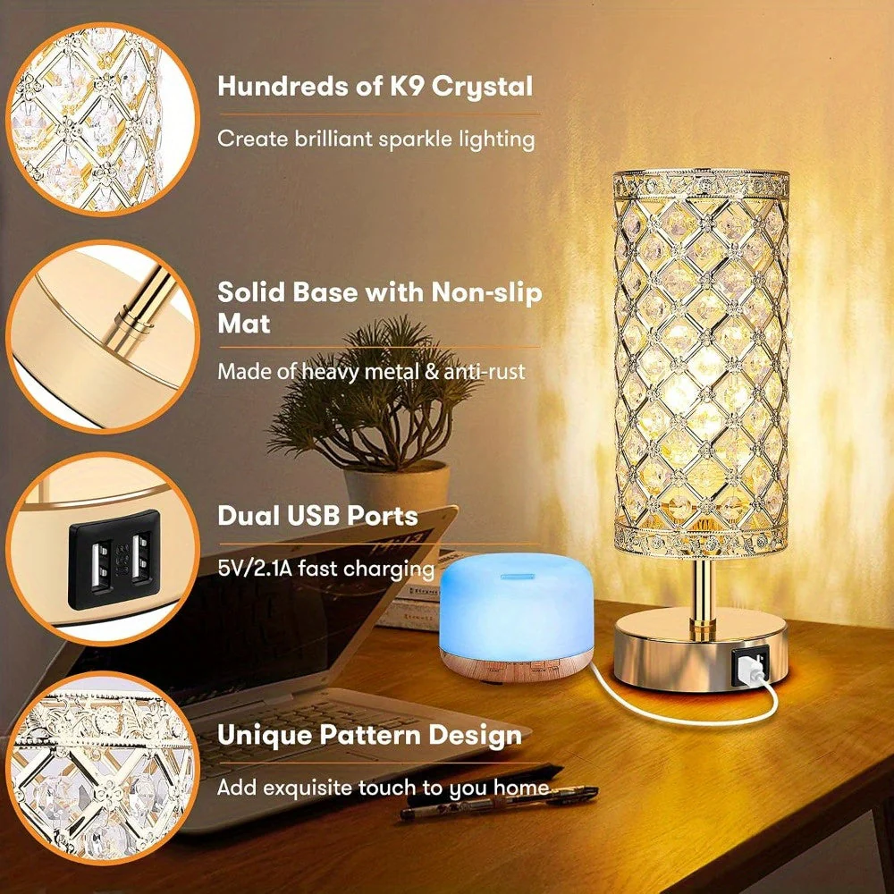 Set of 2 Crystal Table Lamps – Touch Control USB Bedside Lights, 3-Way Dimmable - Image 3