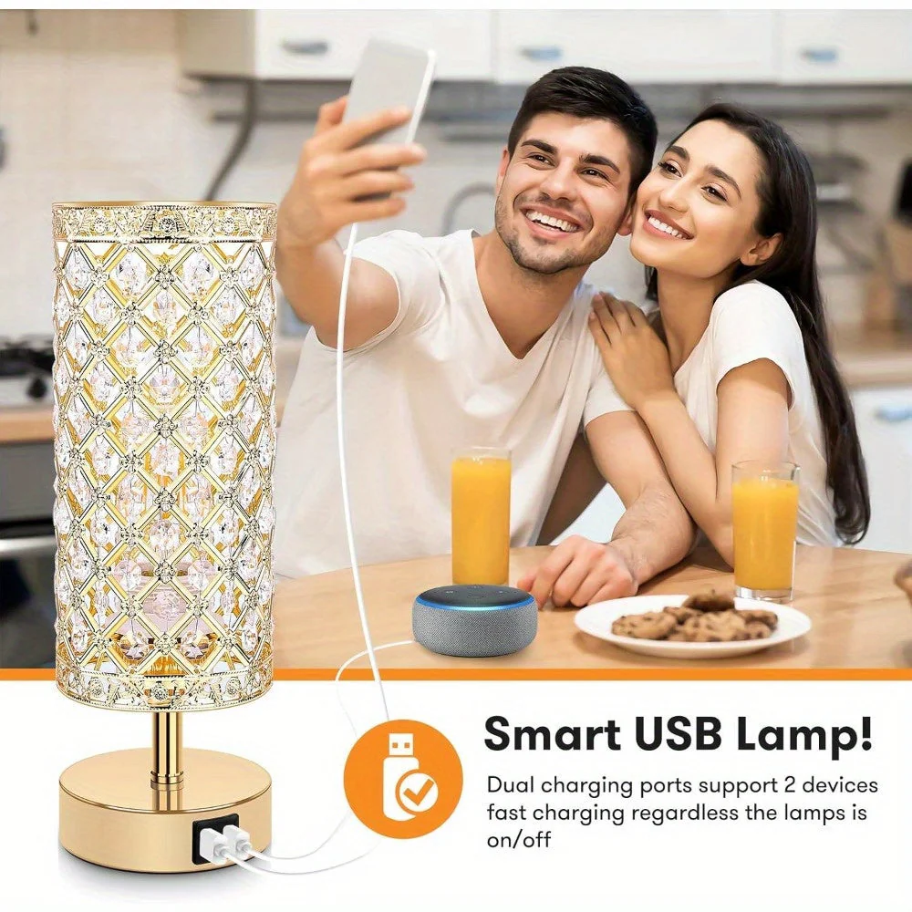 Set of 2 Crystal Table Lamps – Touch Control USB Bedside Lights, 3-Way Dimmable - Image 4