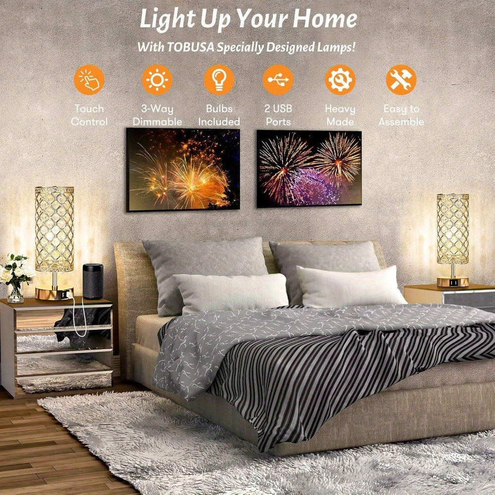 Set of 2 Crystal Table Lamps – Touch Control USB Bedside Lights, 3-Way Dimmable - Image 5