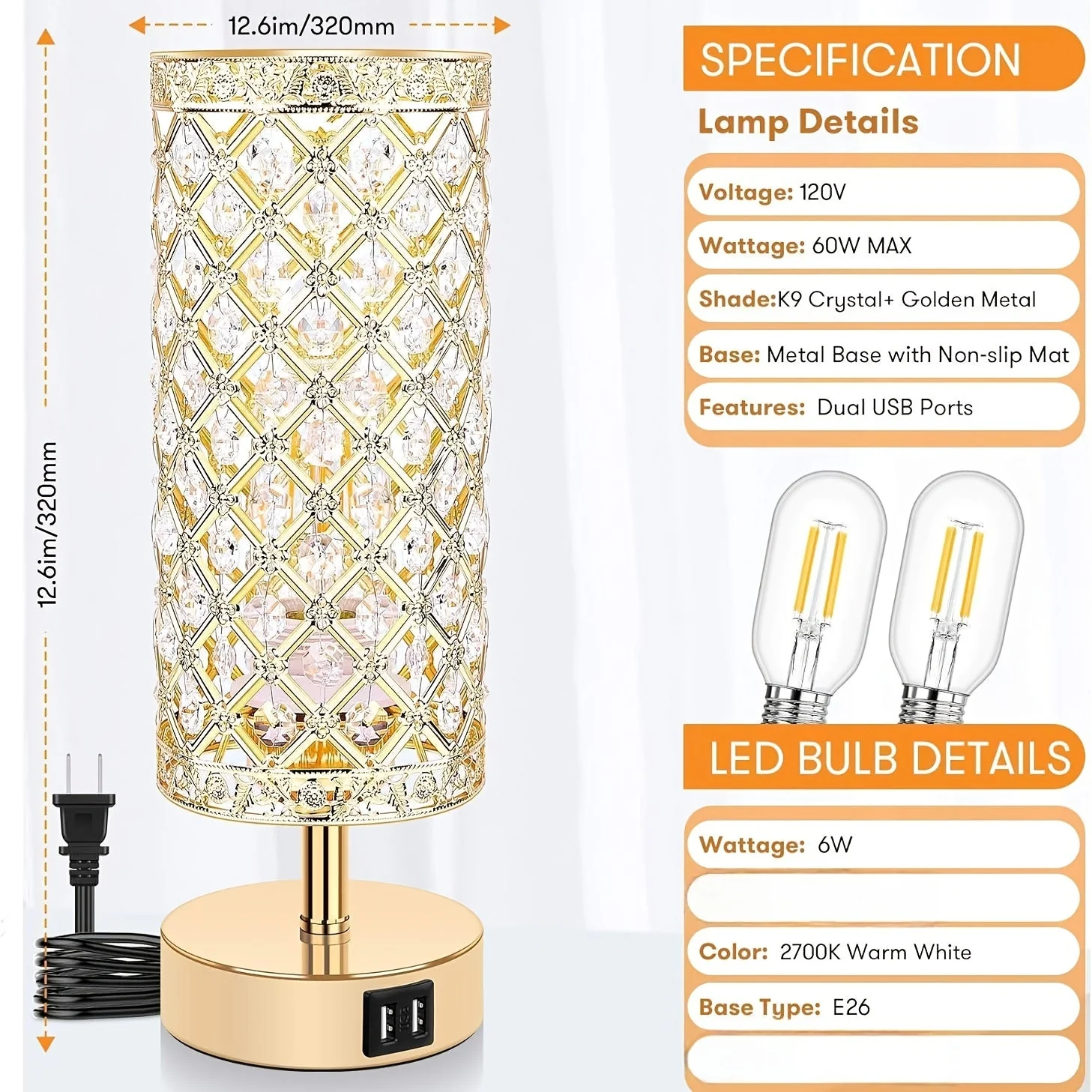 Set of 2 Crystal Table Lamps – Touch Control USB Bedside Lights, 3-Way Dimmable - Image 6