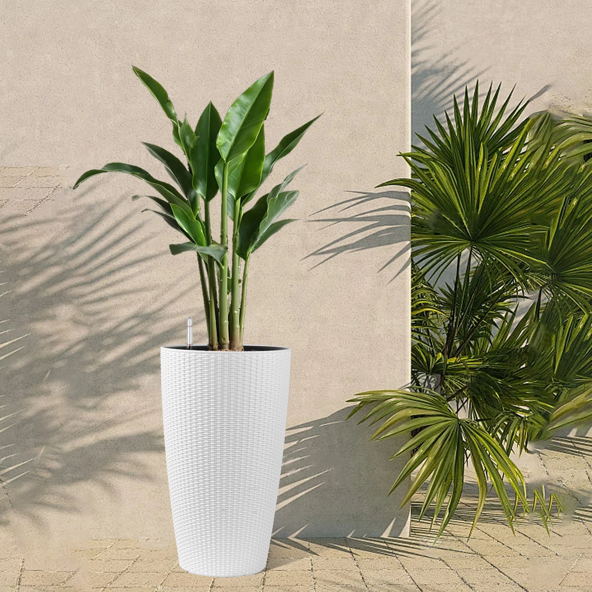 Set of 2 Faux Rattan Tall Planters with Automatic Watering System - Image 3