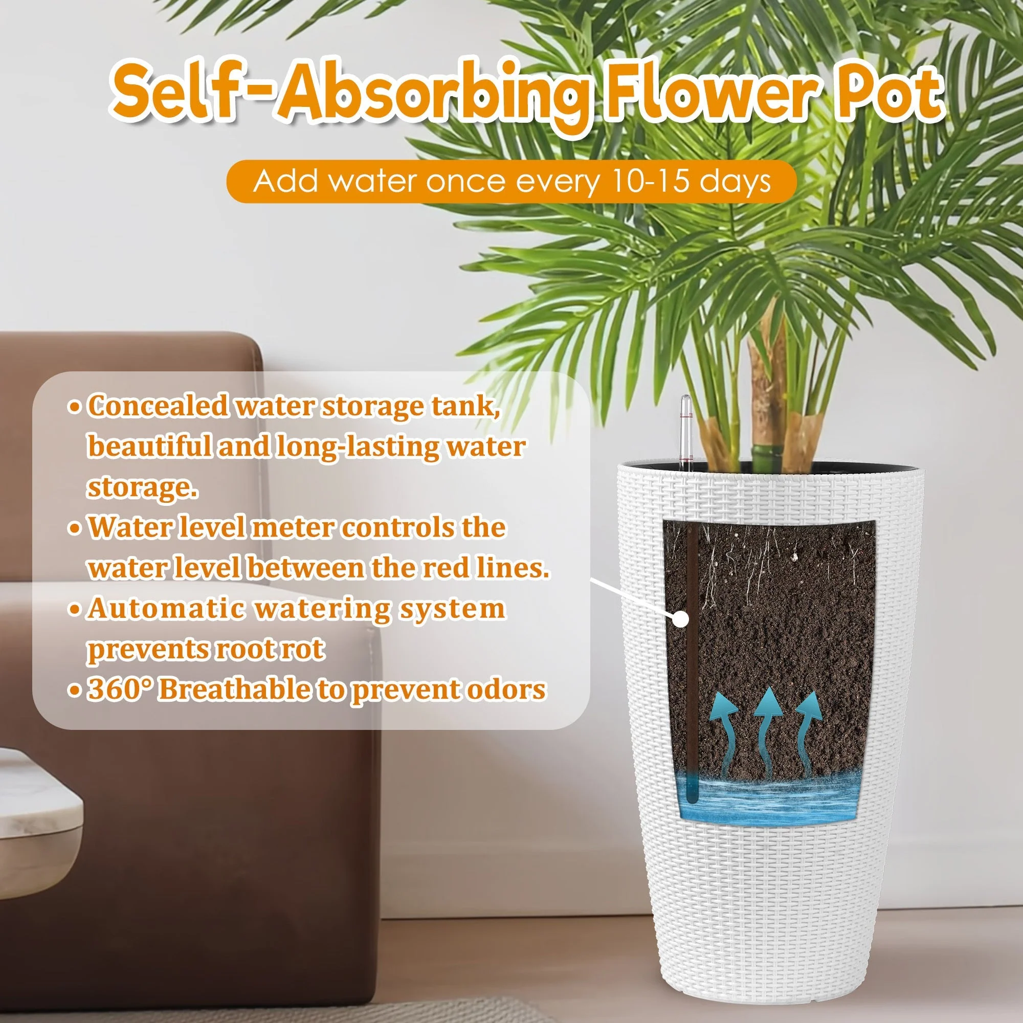 Set of 2 Faux Rattan Tall Planters with Automatic Watering System - Image 4