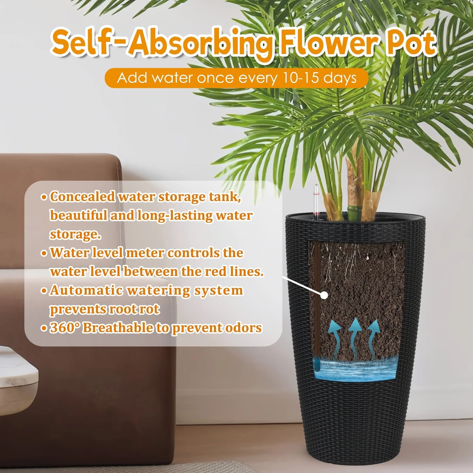 Set of 2 Faux Rattan Tall Planters with Automatic Watering System - Image 3