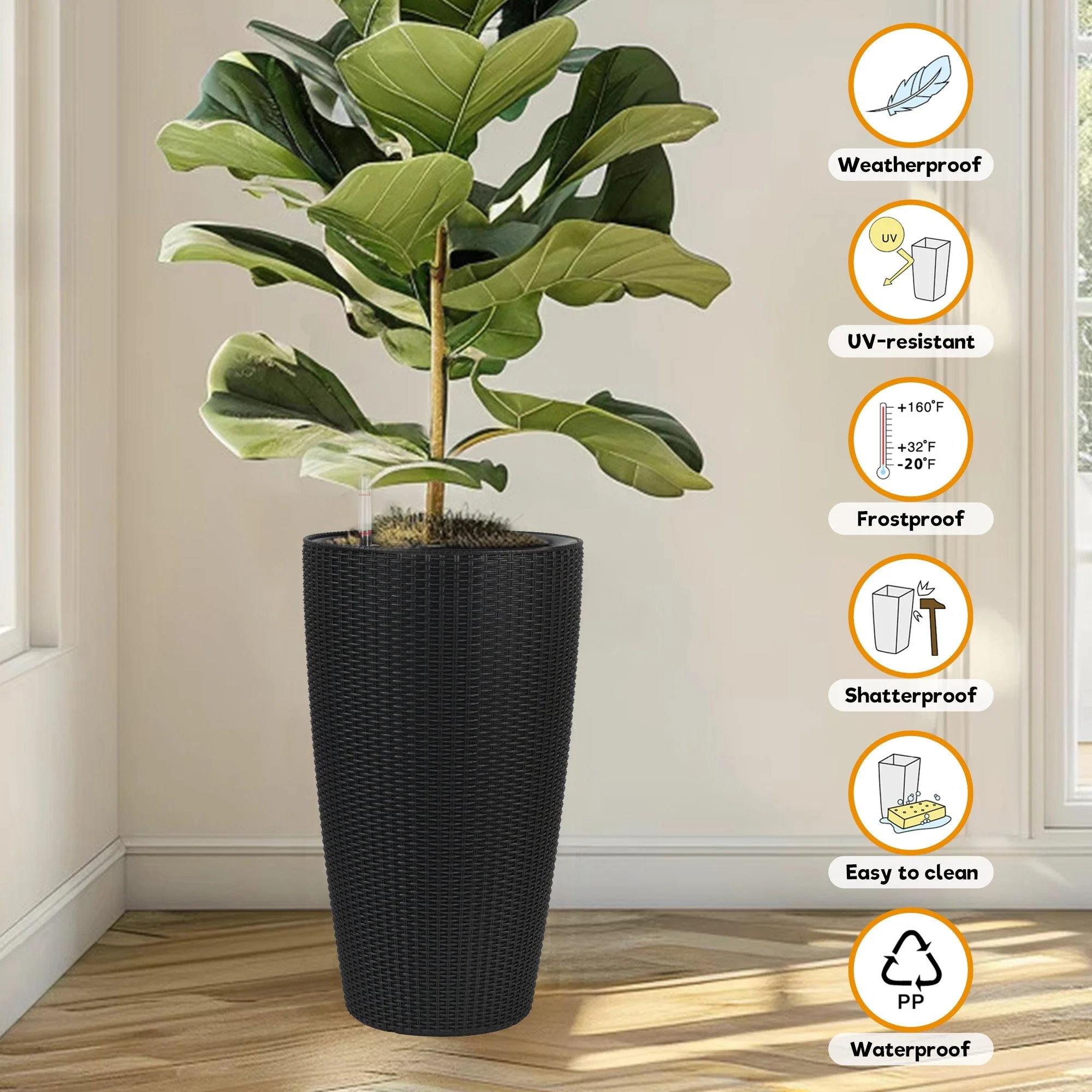 Set of 2 Faux Rattan Tall Planters with Automatic Watering System - Image 7