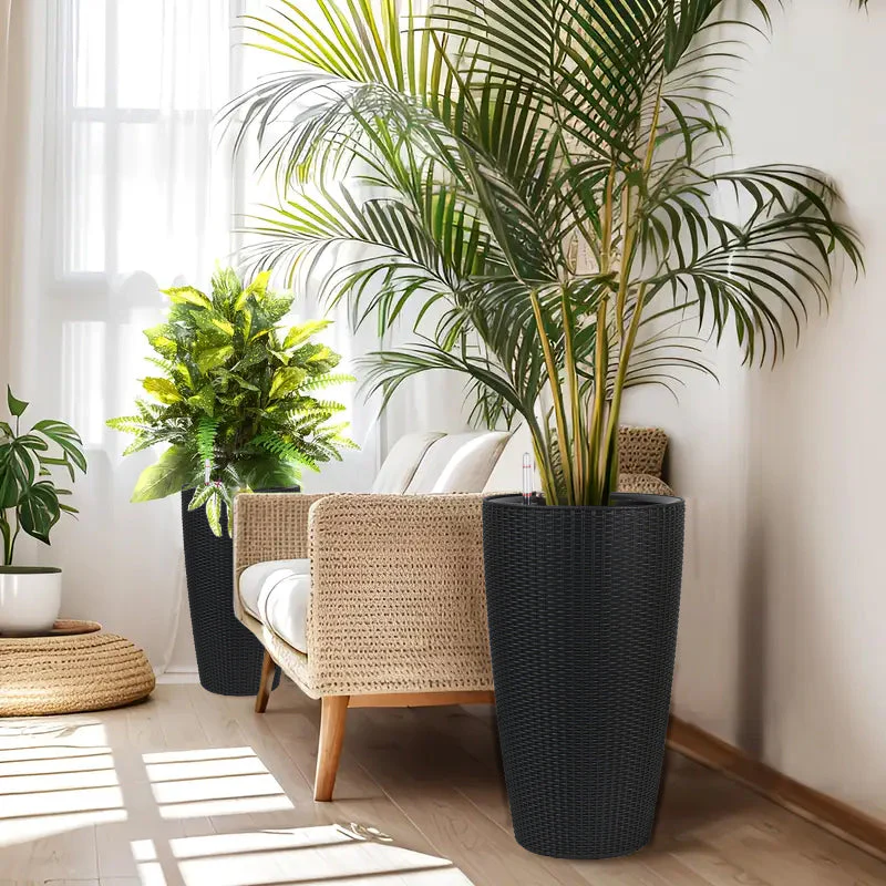 Set of 2 Faux Rattan Tall Planters with Automatic Watering System - Image 8