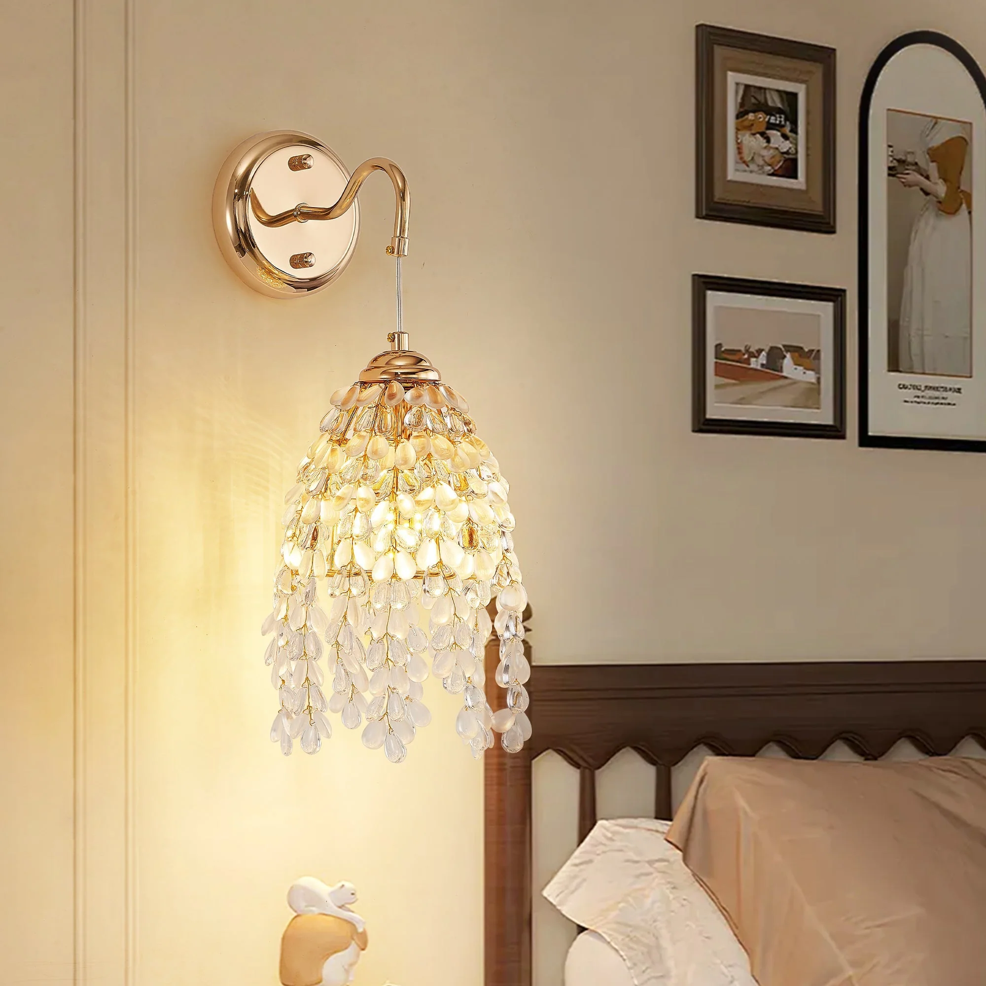 Set of 2 Gold Frame Crystal Grape-Shaped Bead Wall Sconces - Image 3