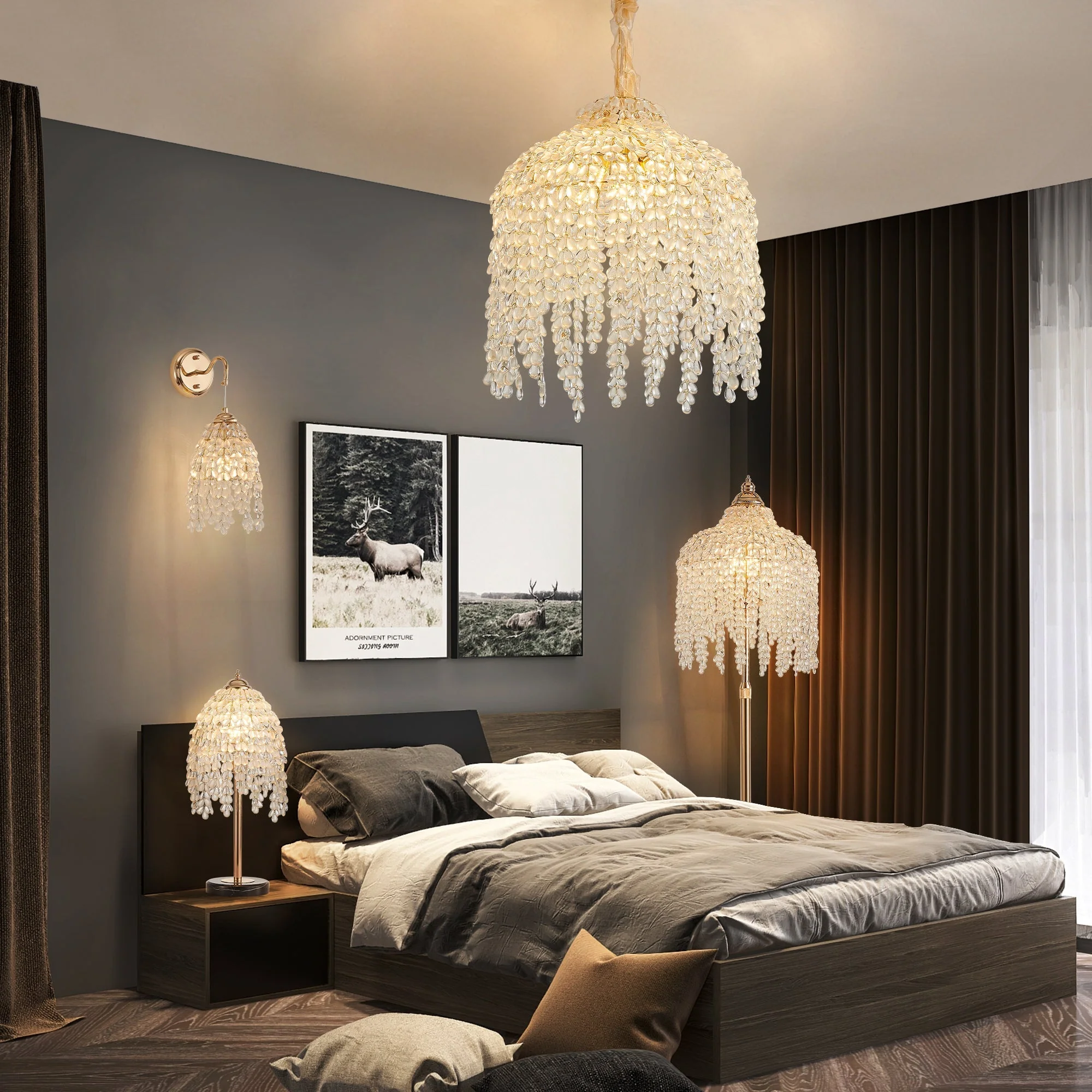 Set of 2 Gold Frame Crystal Grape-Shaped Bead Wall Sconces - Image 4