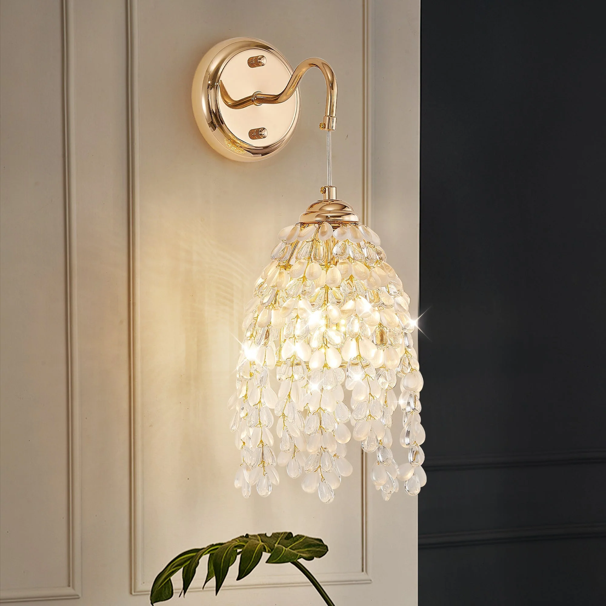 Set of 2 Gold Frame Crystal Grape-Shaped Bead Wall Sconces - Image 7