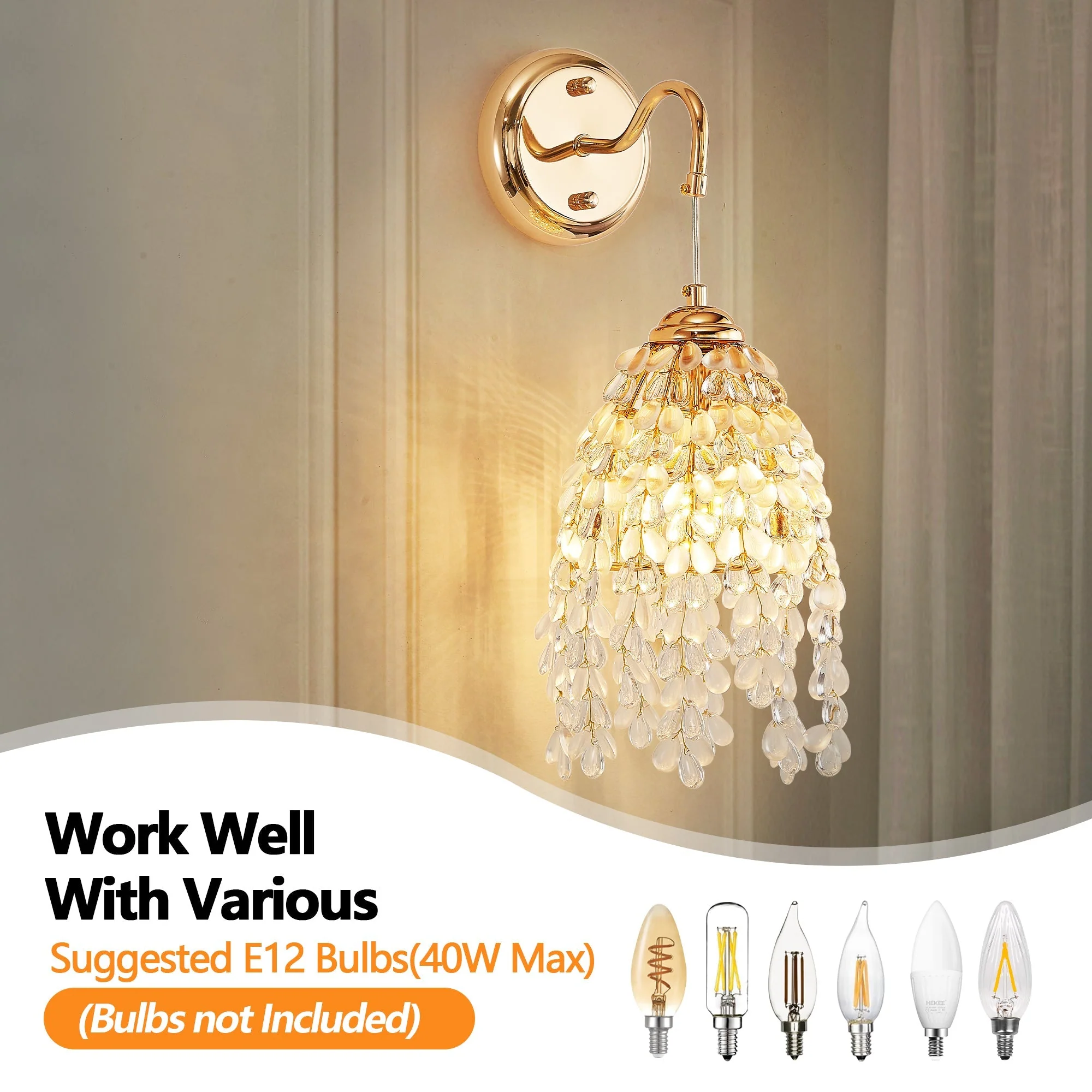 Set of 2 Gold Frame Crystal Grape-Shaped Bead Wall Sconces - Image 8
