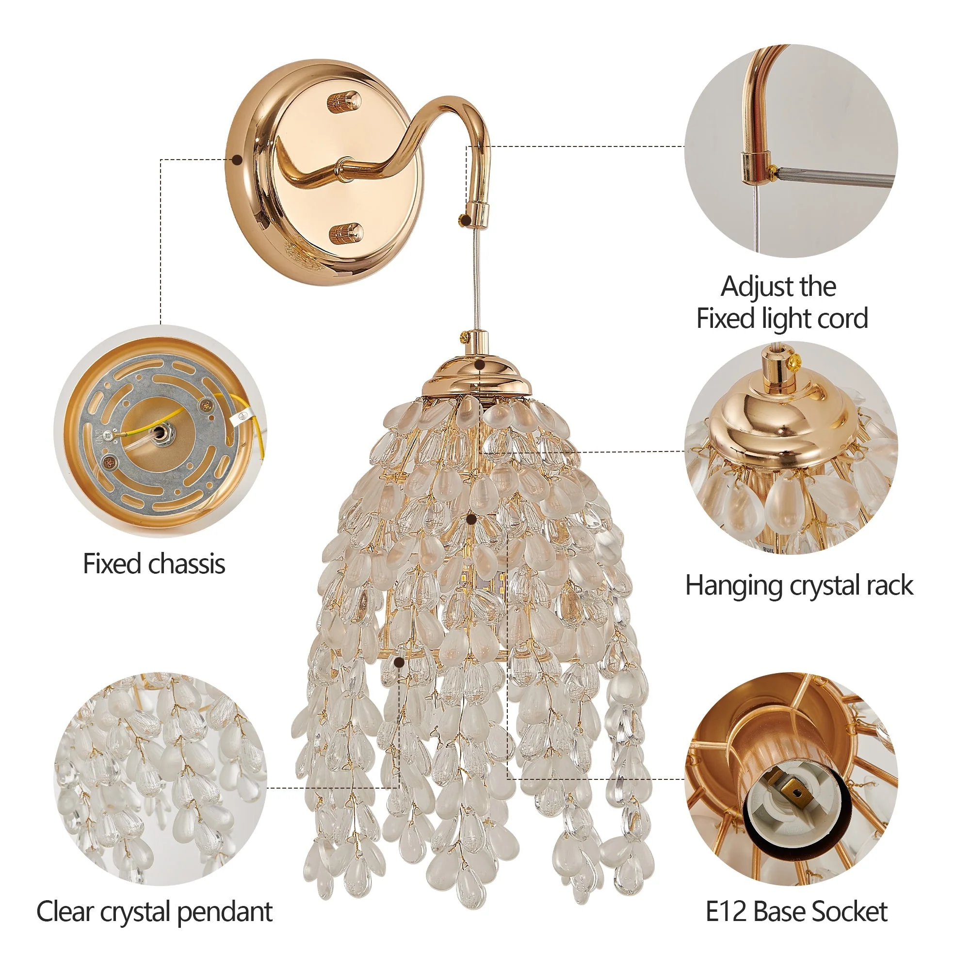 Set of 2 Gold Frame Crystal Grape-Shaped Bead Wall Sconces - Image 9