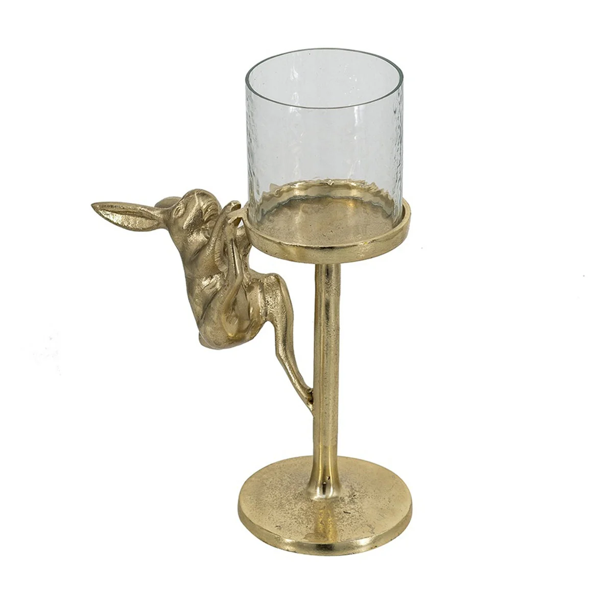 Set of 2 Gold Rabbit Pillar Candle Holders with Clear Glass Hurricane Shade - Image 2