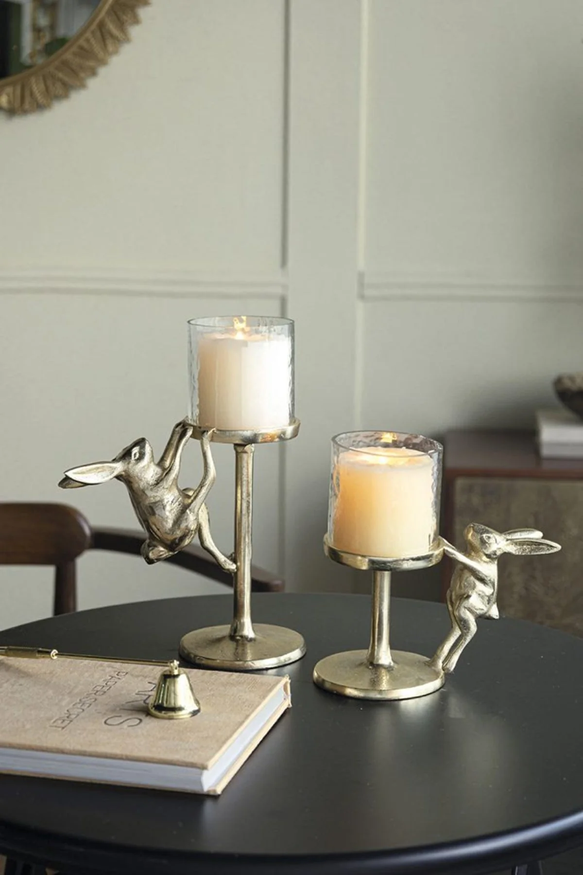 Set of 2 Gold Rabbit Pillar Candle Holders with Clear Glass Hurricane Shade - Image 6
