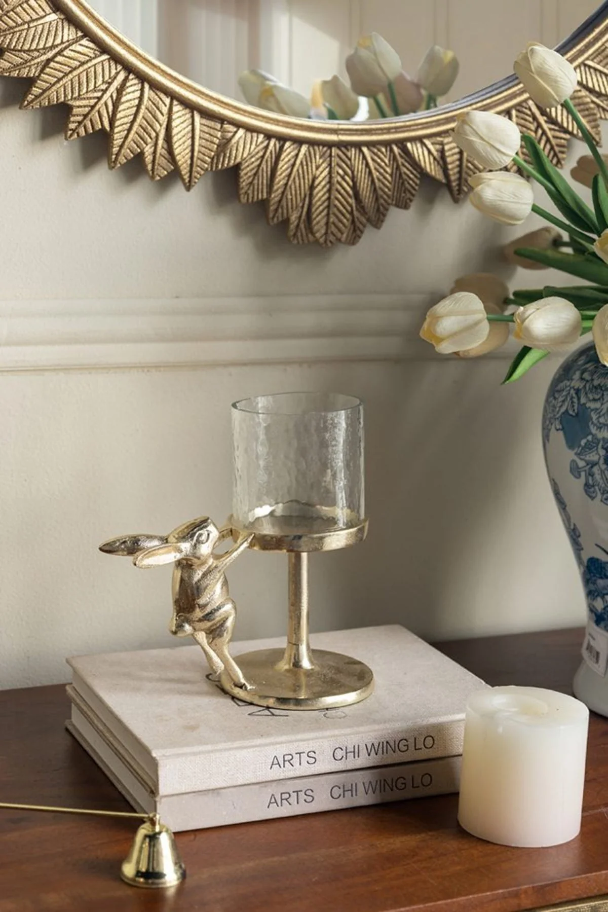 Set of 2 Gold Rabbit Pillar Candle Holders with Clear Glass Hurricane Shade - Image 7