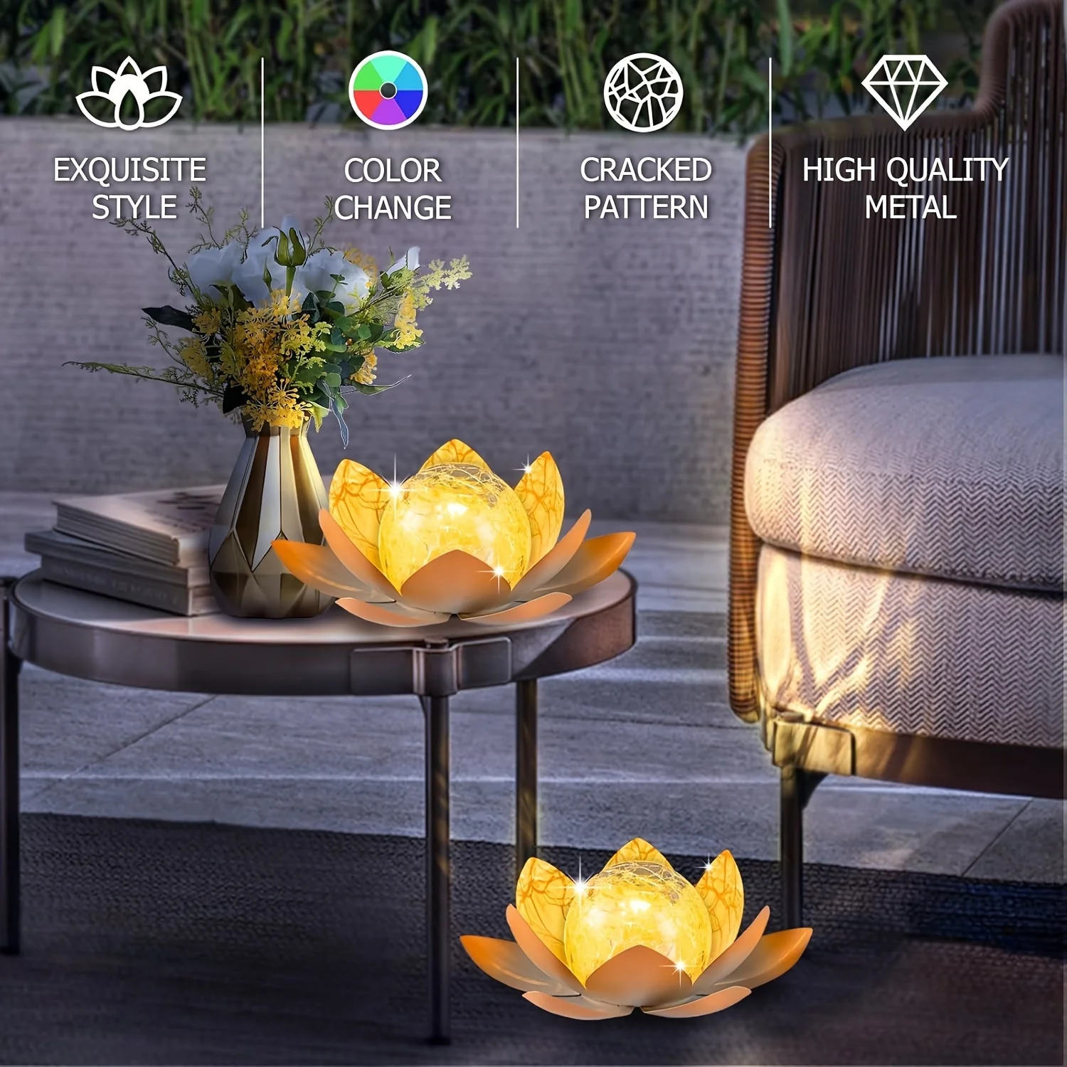 Set of 2 Lotus Solar Garden Lights – Waterproof Cracked Glass Outdoor Decor Lamps - Image 2