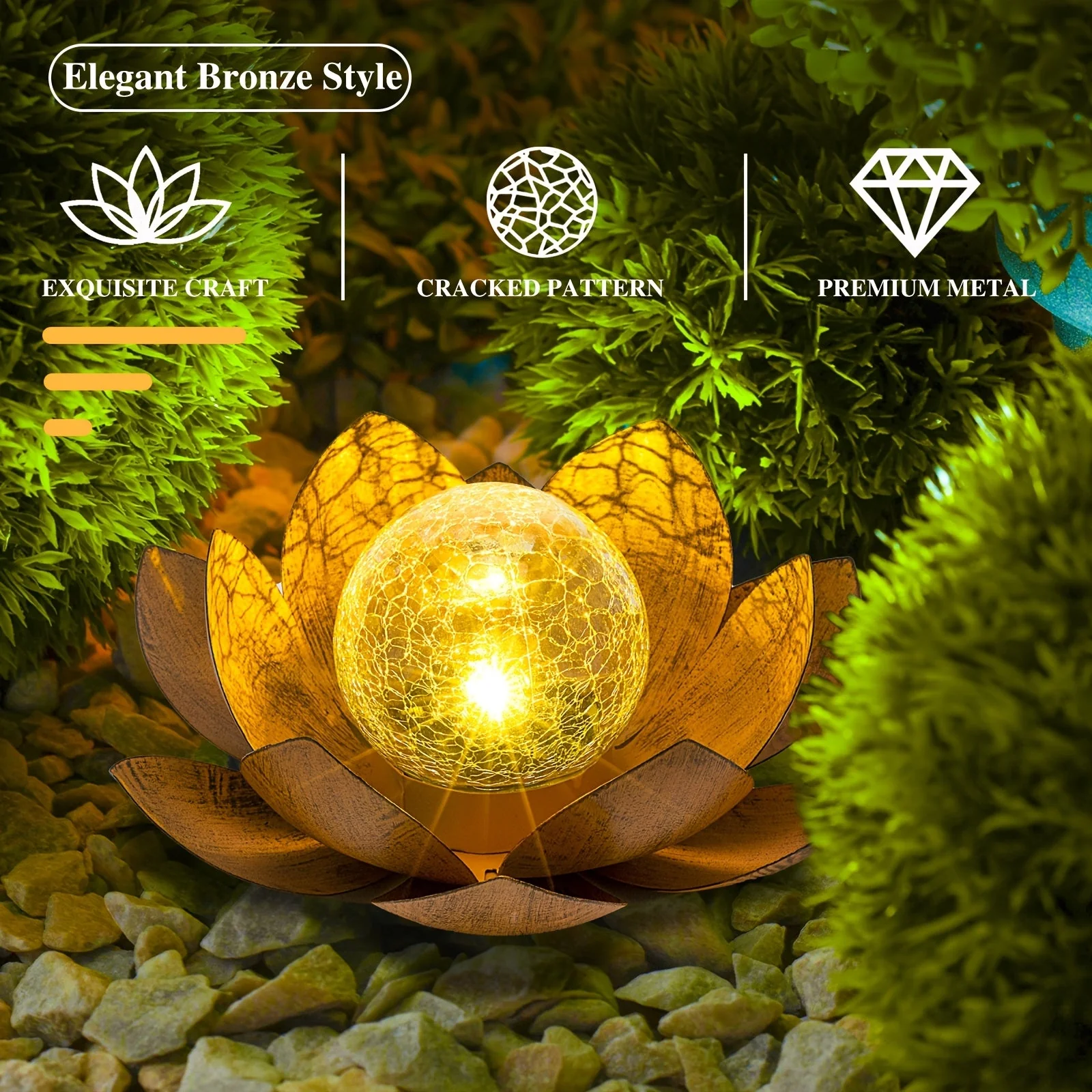 Set of 2 Lotus Solar Garden Lights – Waterproof Cracked Glass Outdoor Decor Lamps - Image 4