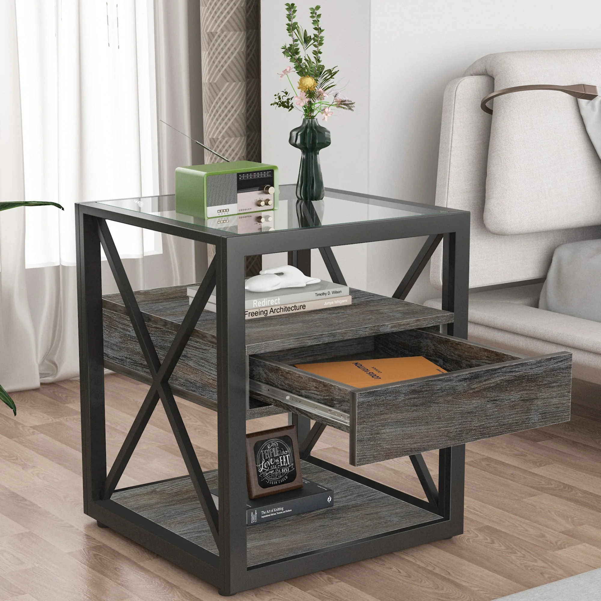 Set of 2 Modern End Tables with Drawer - Nightstand - Image 10