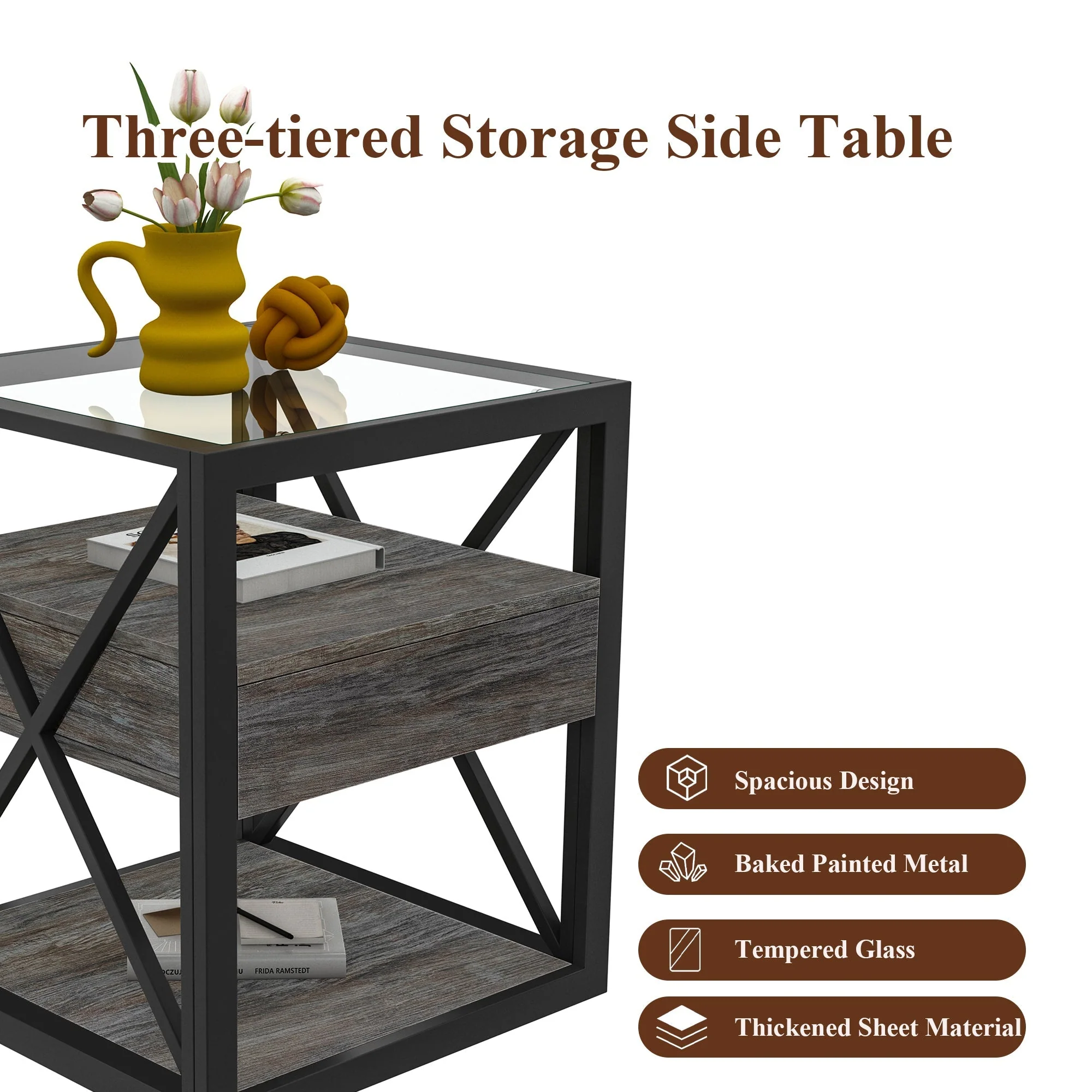 Set of 2 Modern End Tables with Drawer - Nightstand - Image 16