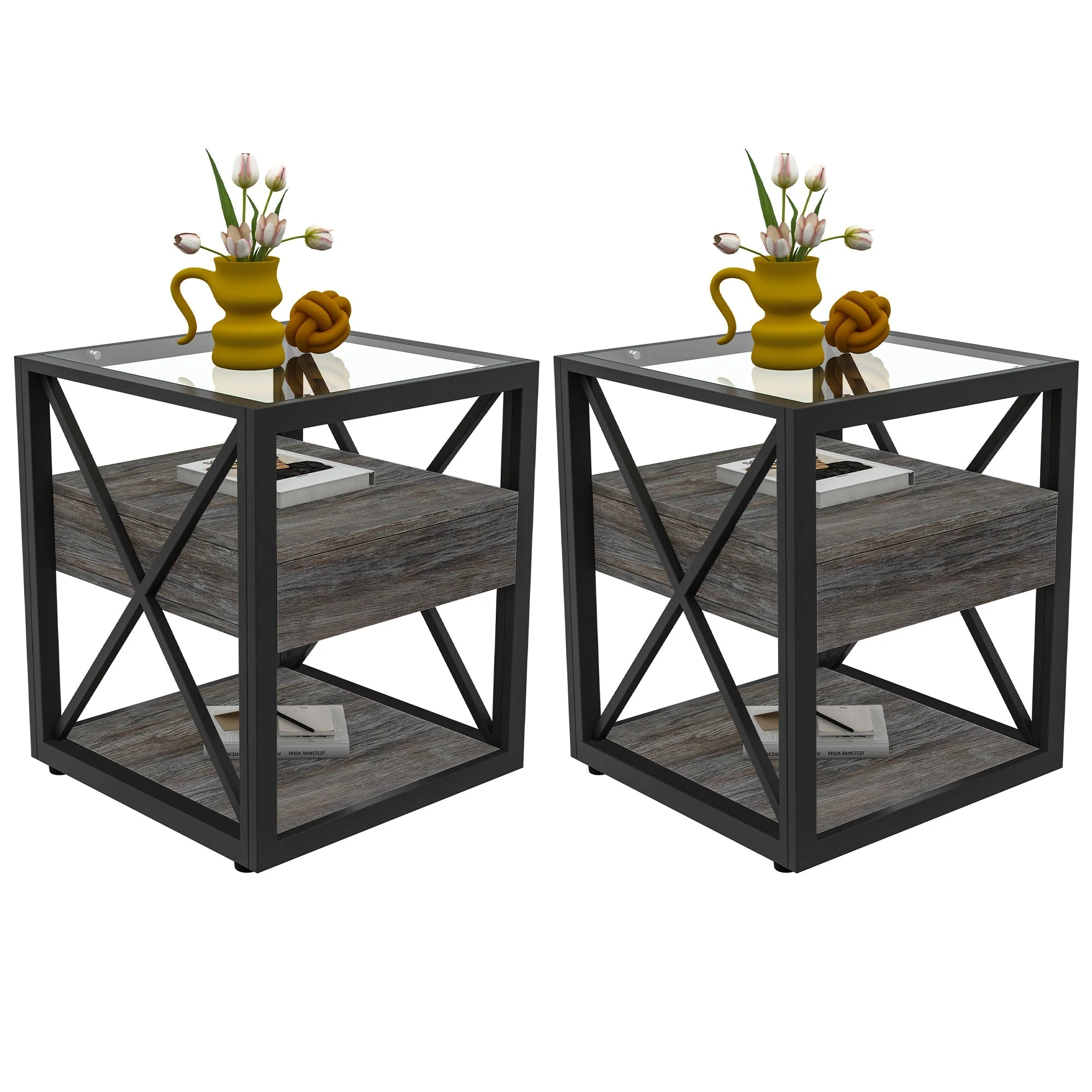 Set of 2 Modern End Tables with Drawer - Nightstand - Image 3