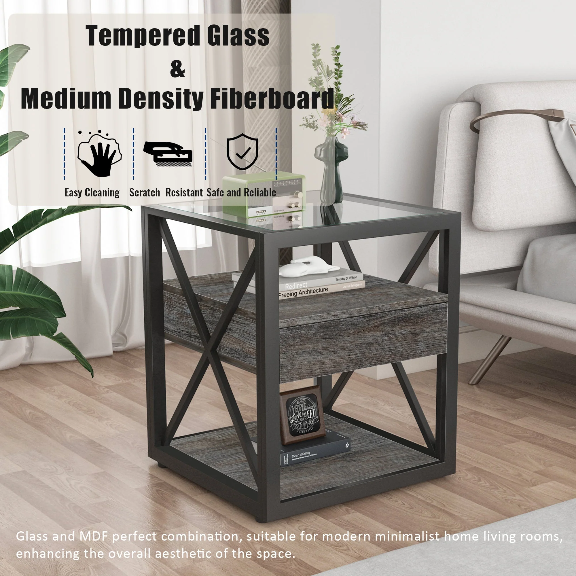 Set of 2 Modern End Tables with Drawer - Nightstand - Image 4