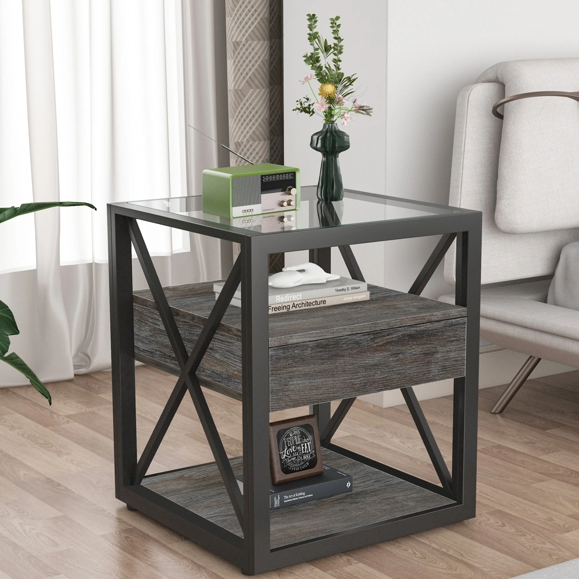 Set of 2 Modern End Tables with Drawer - Nightstand - Image 5