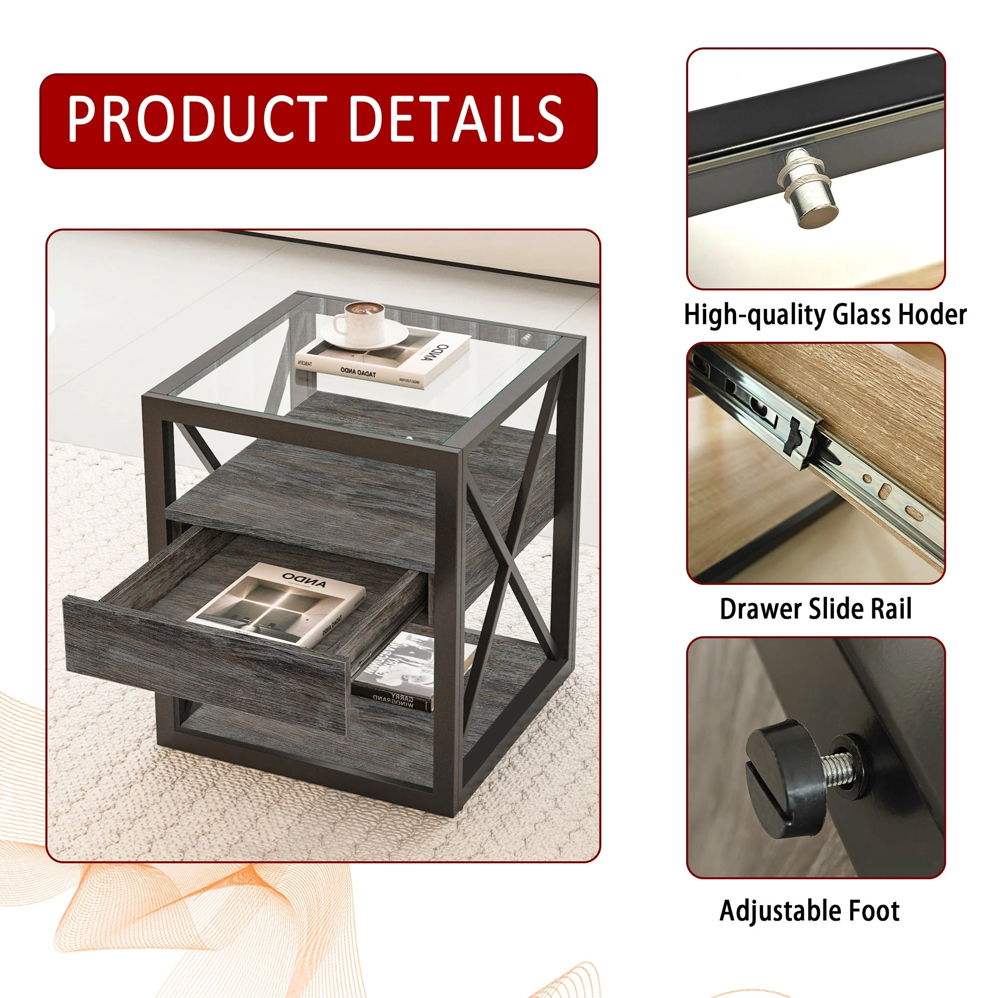 Set of 2 Modern End Tables with Drawer - Nightstand - Image 9