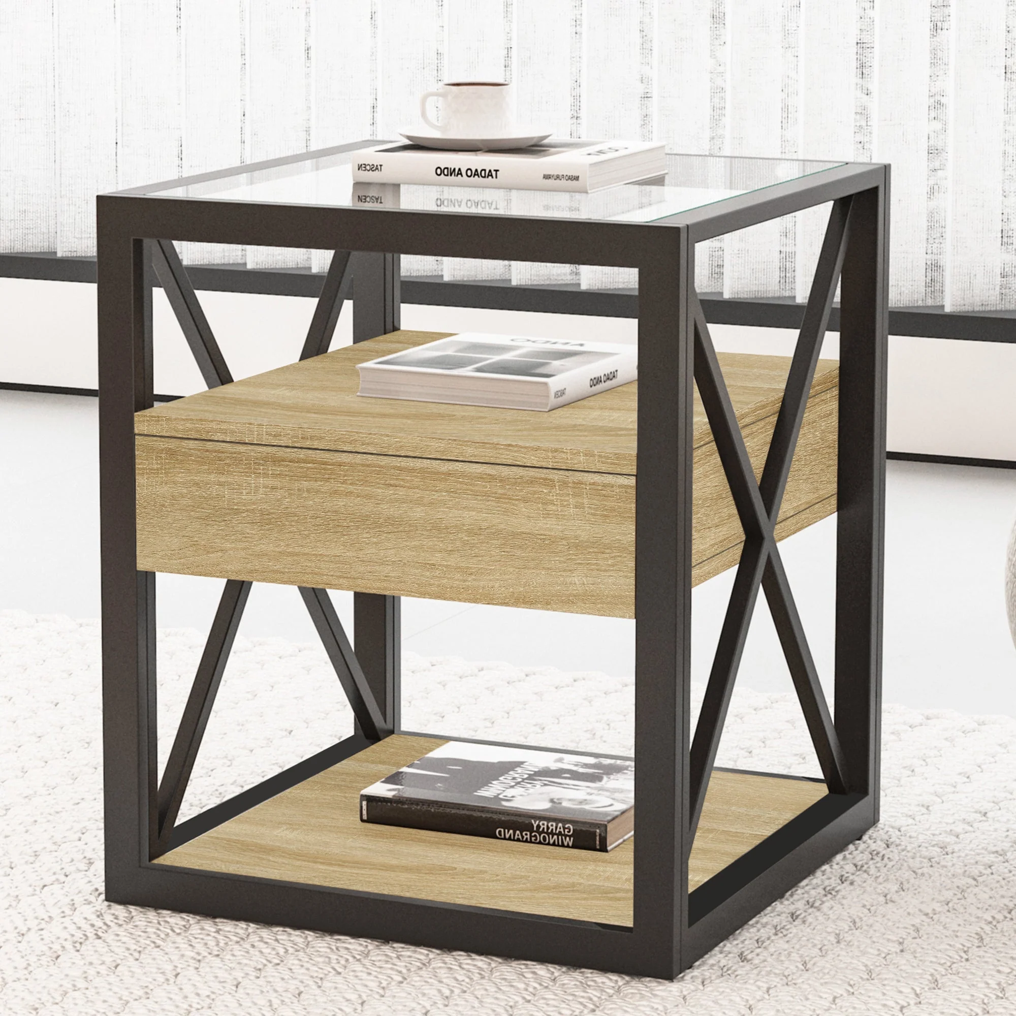 Set of 2 Modern End Tables with Drawer - Nightstands for Bedroom & Living Room - Image 11