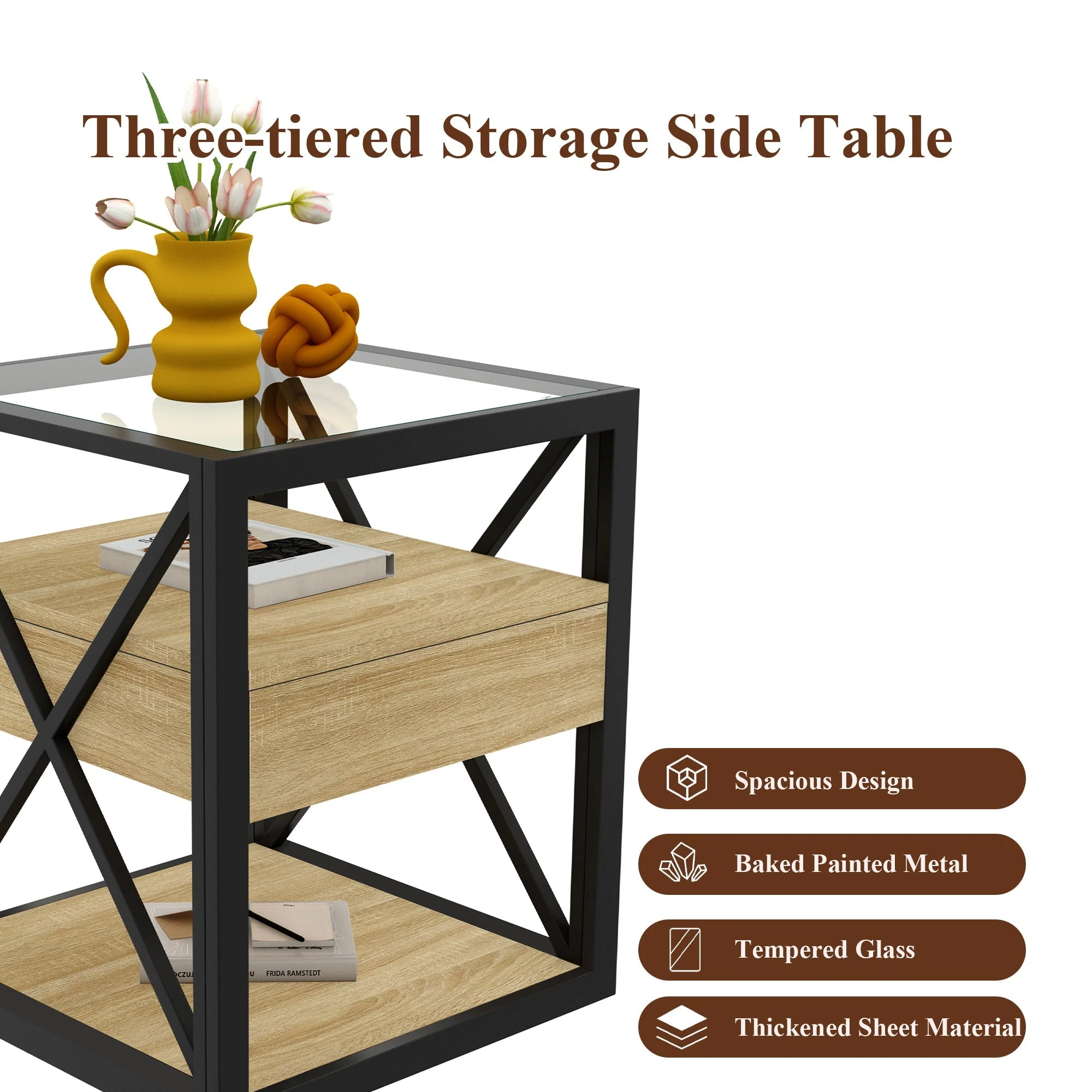 Set of 2 Modern End Tables with Drawer - Nightstands for Bedroom & Living Room - Image 13