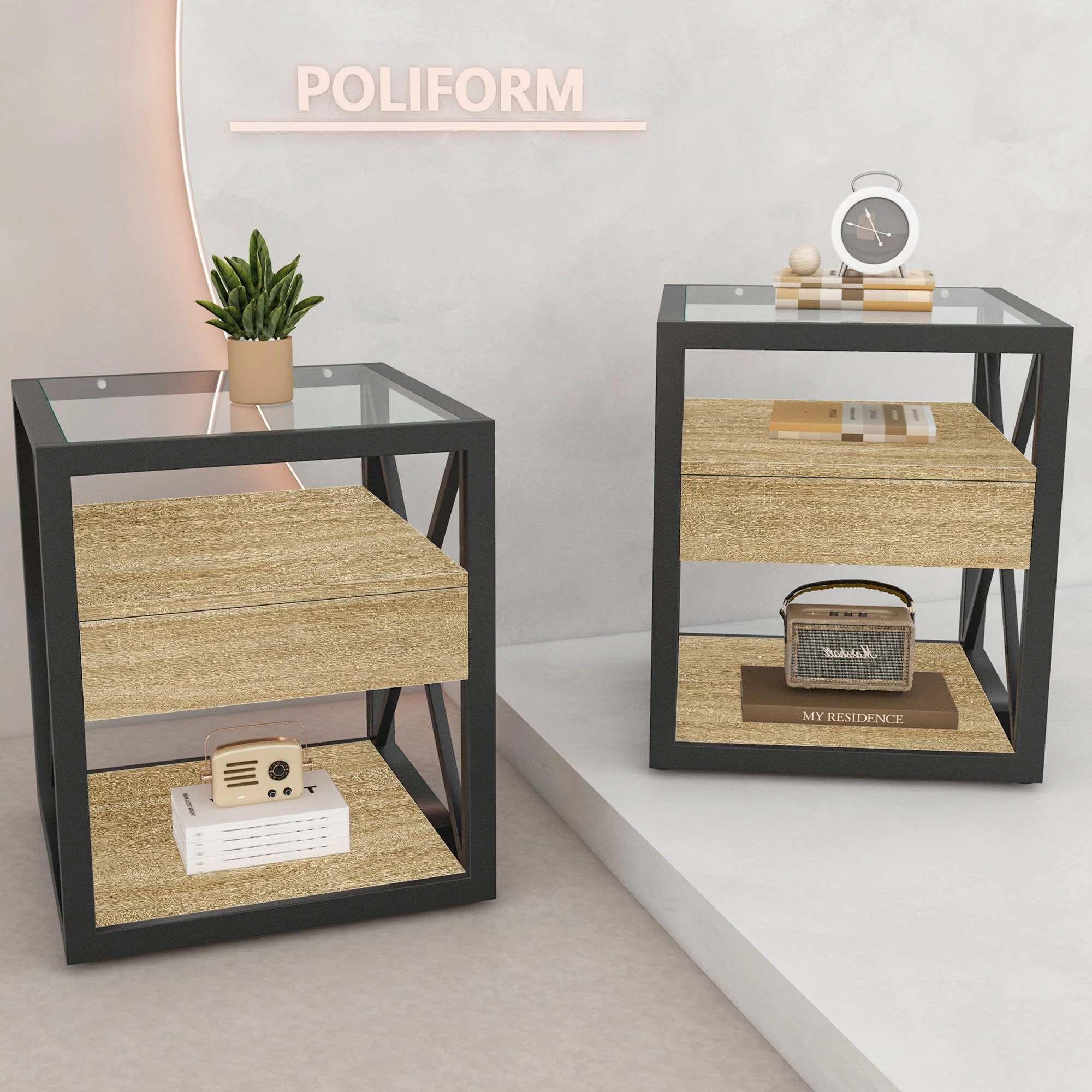 Set of 2 Modern End Tables with Drawer - Nightstands for Bedroom & Living Room - Image 2