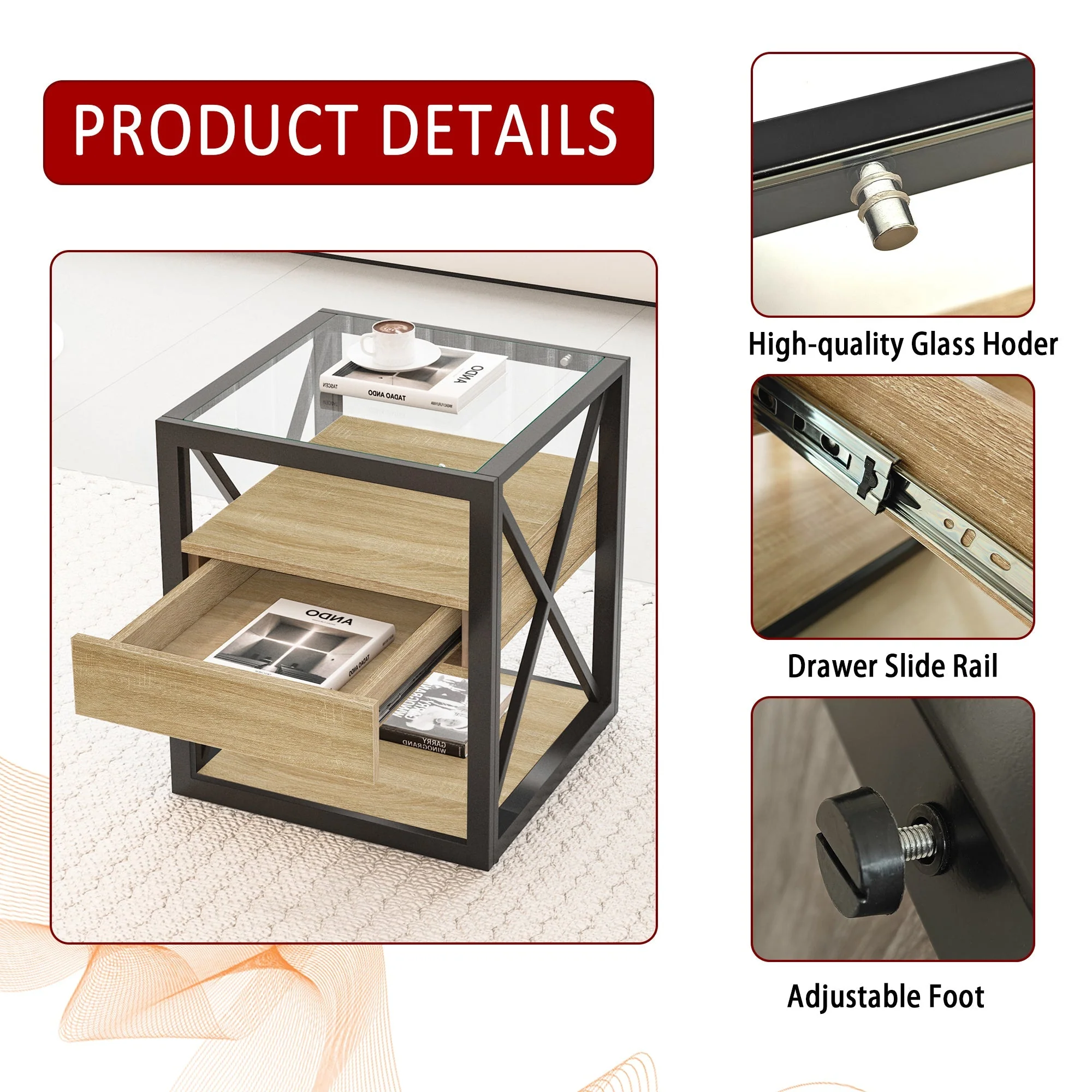Set of 2 Modern End Tables with Drawer - Nightstands for Bedroom & Living Room - Image 3