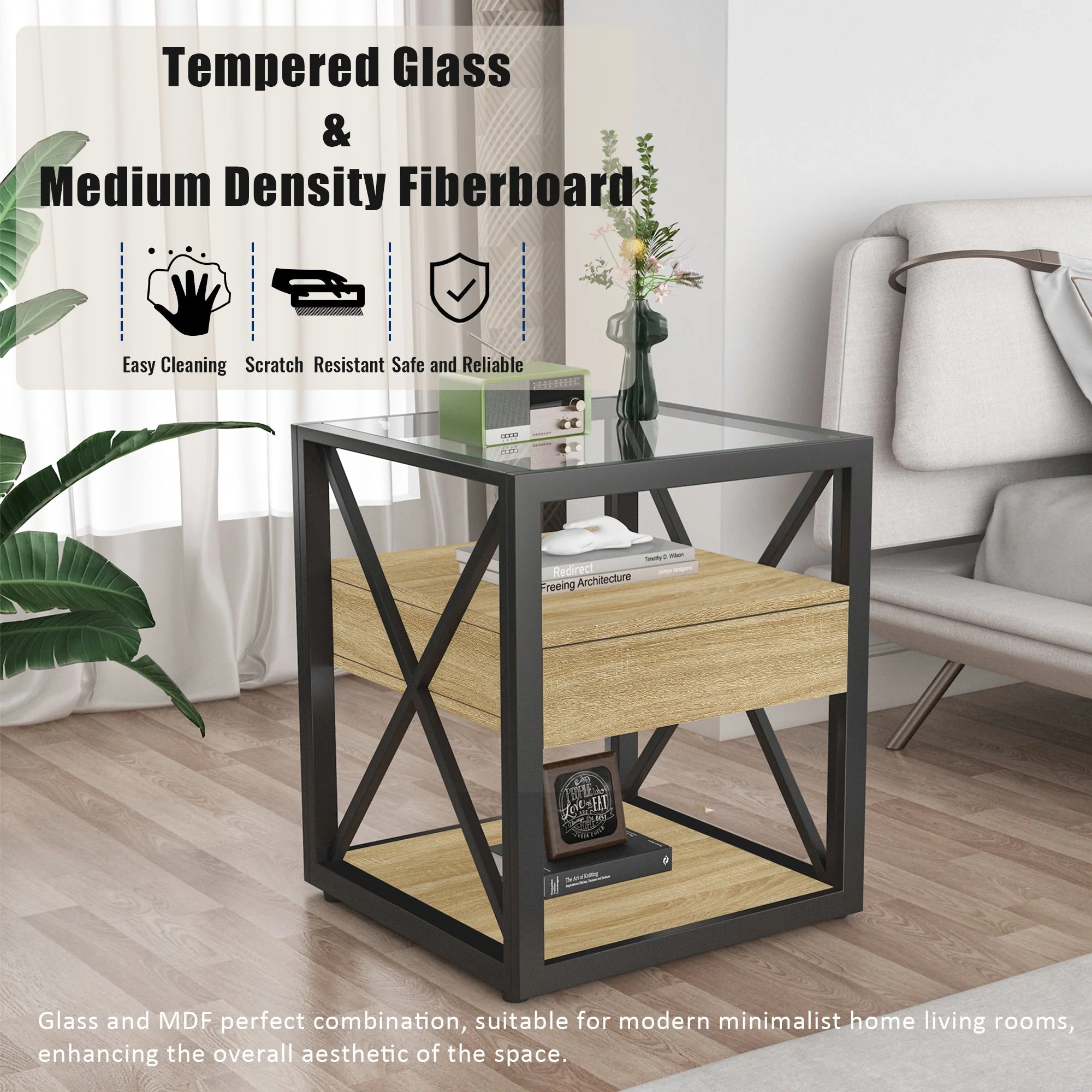 Set of 2 Modern End Tables with Drawer - Nightstands for Bedroom & Living Room - Image 4