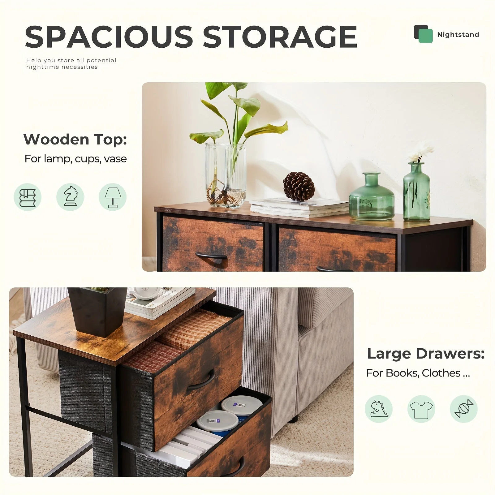 Set of 2 Nightstands with Drawers, Small End Tables with Storage for Bedroom & Office - Image 9