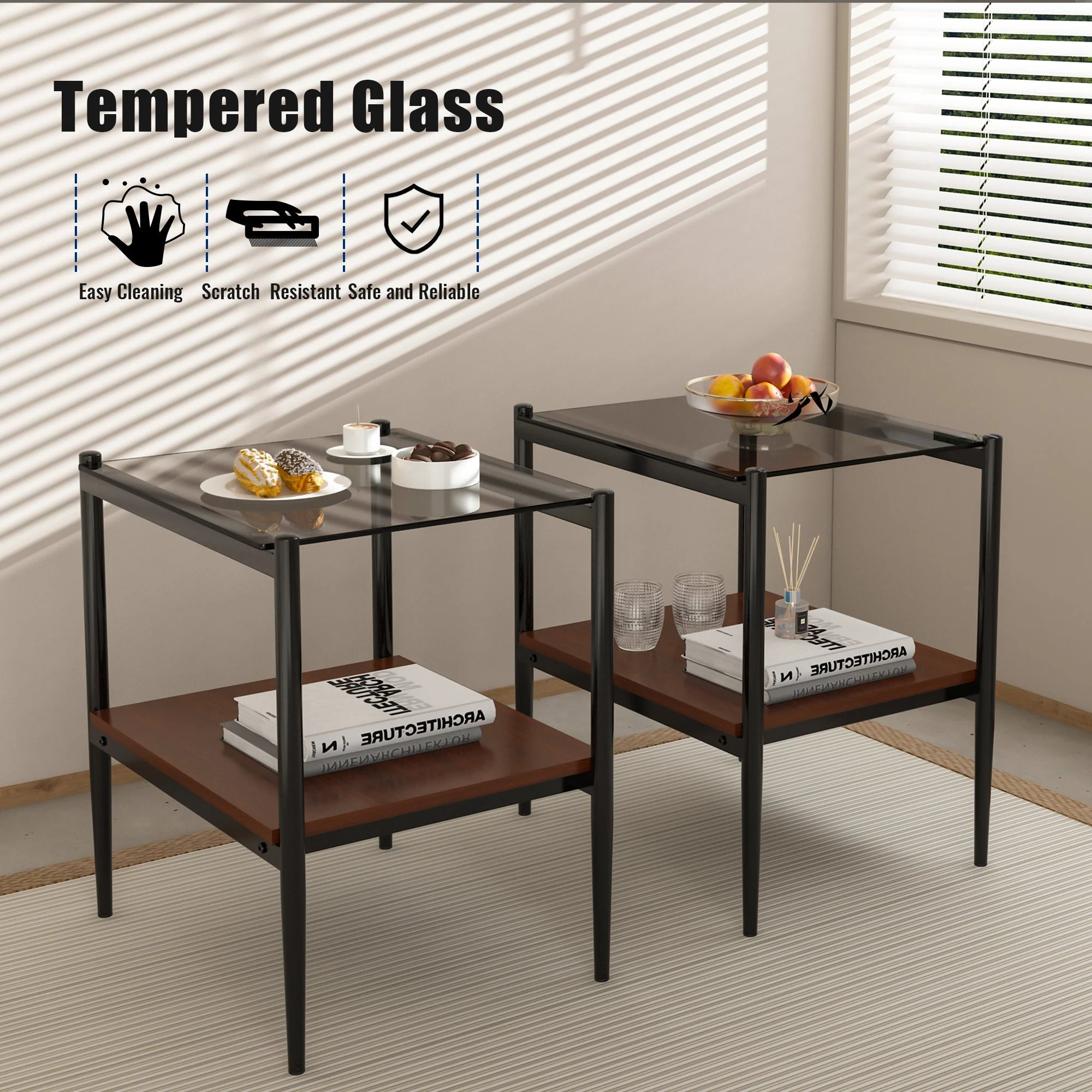 Set of 2 Rectangle End Table Gray Glass - Image 6
