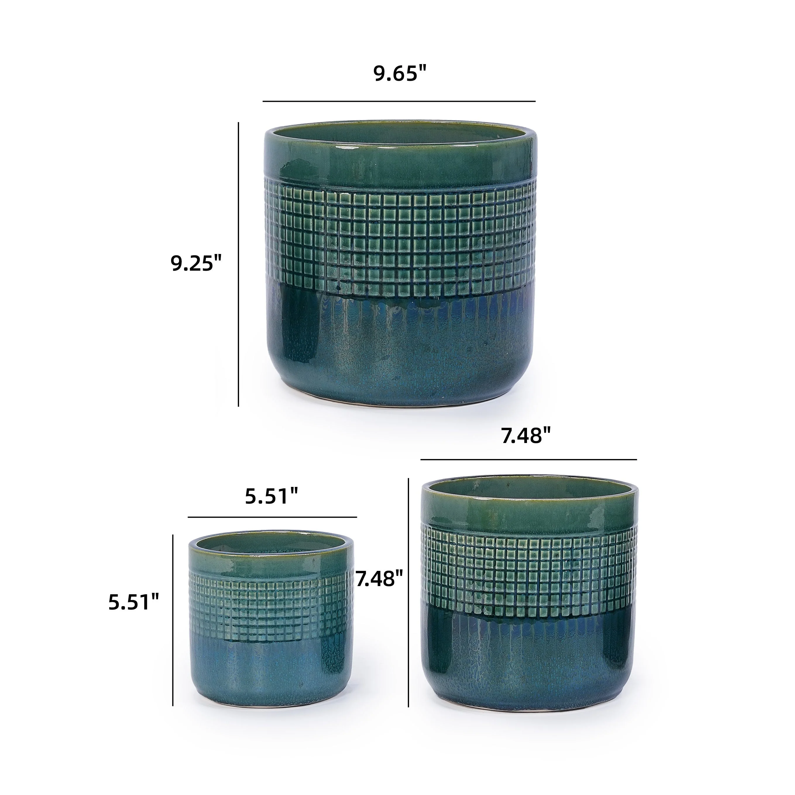 Set of 3 Grid Ceramic Flowerpot, Modern Planter for Patio, Garden, Windowsill - Blue Green - Image 3