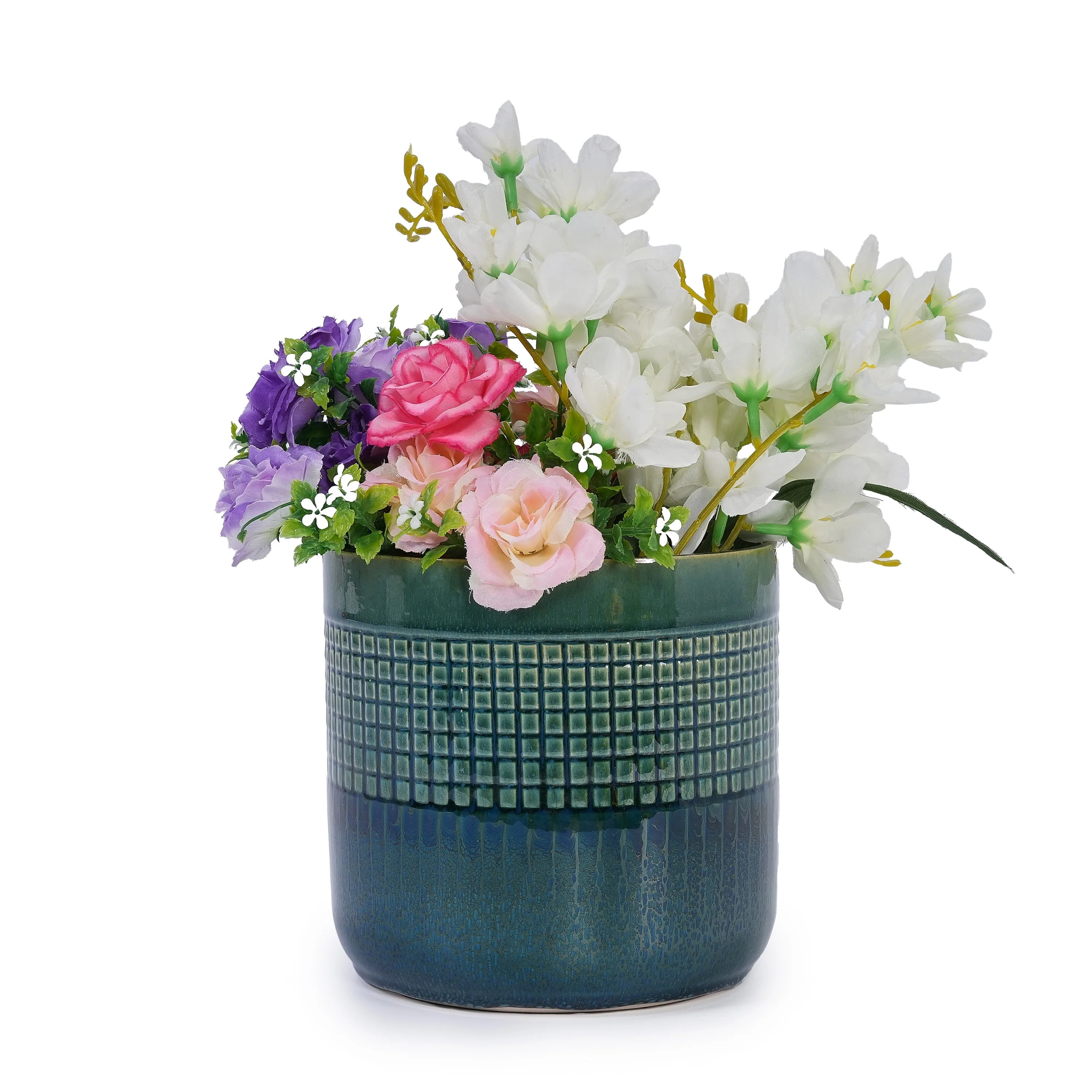 Set of 3 Grid Ceramic Flowerpot, Modern Planter for Patio, Garden, Windowsill - Blue Green - Image 6