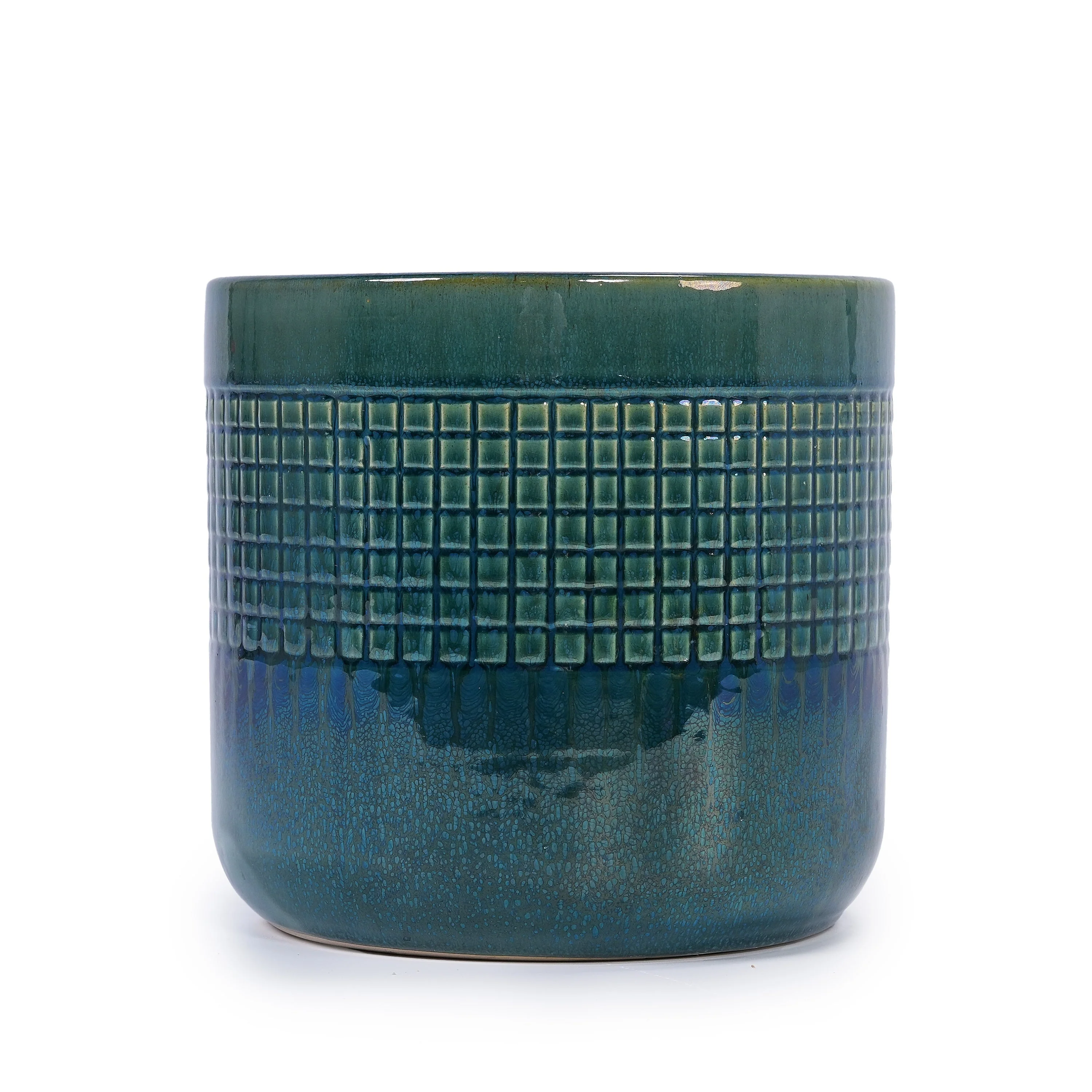Set of 3 Grid Ceramic Flowerpot, Modern Planter for Patio, Garden, Windowsill - Blue Green - Image 7