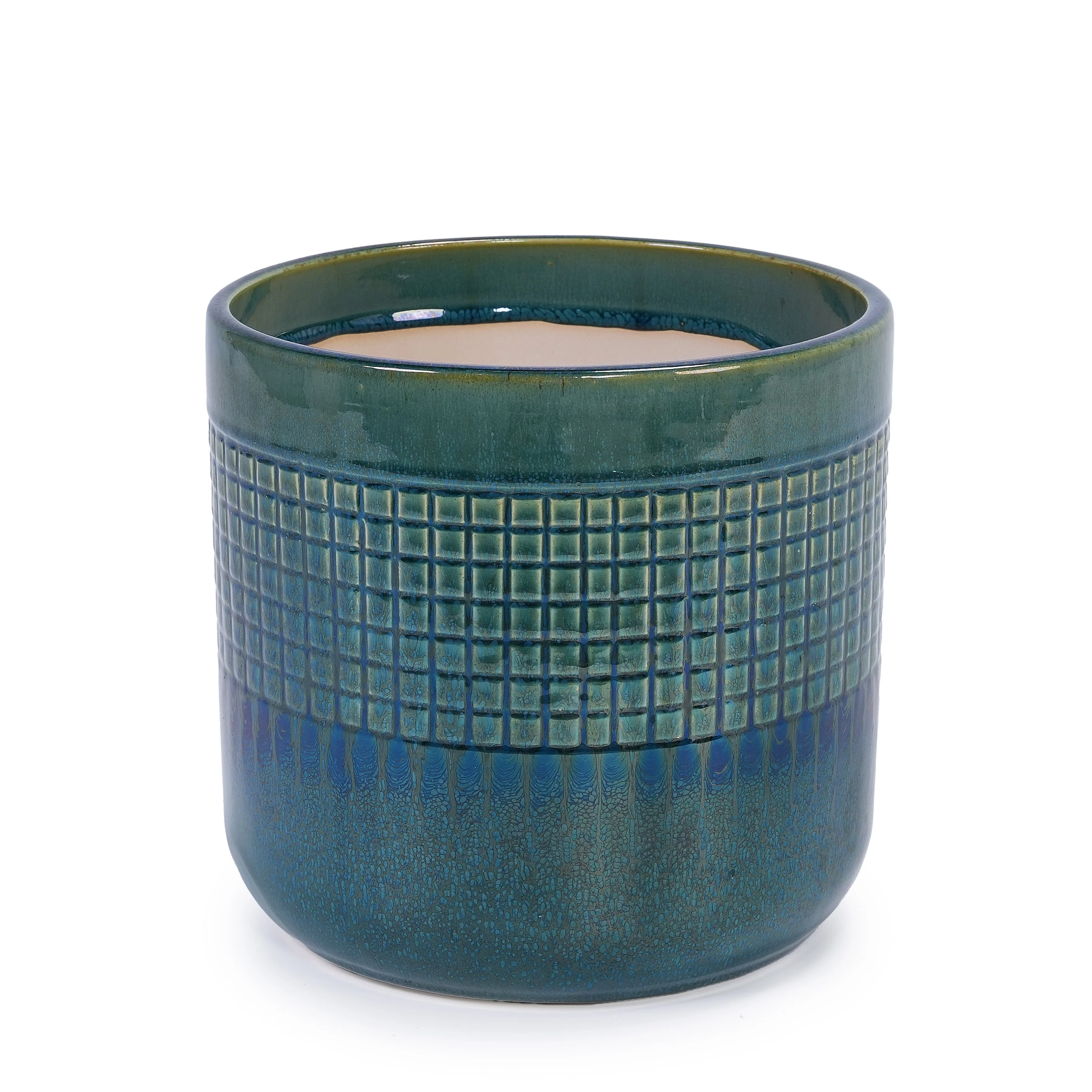 Set of 3 Grid Ceramic Flowerpot, Modern Planter for Patio, Garden, Windowsill - Blue Green - Image 8
