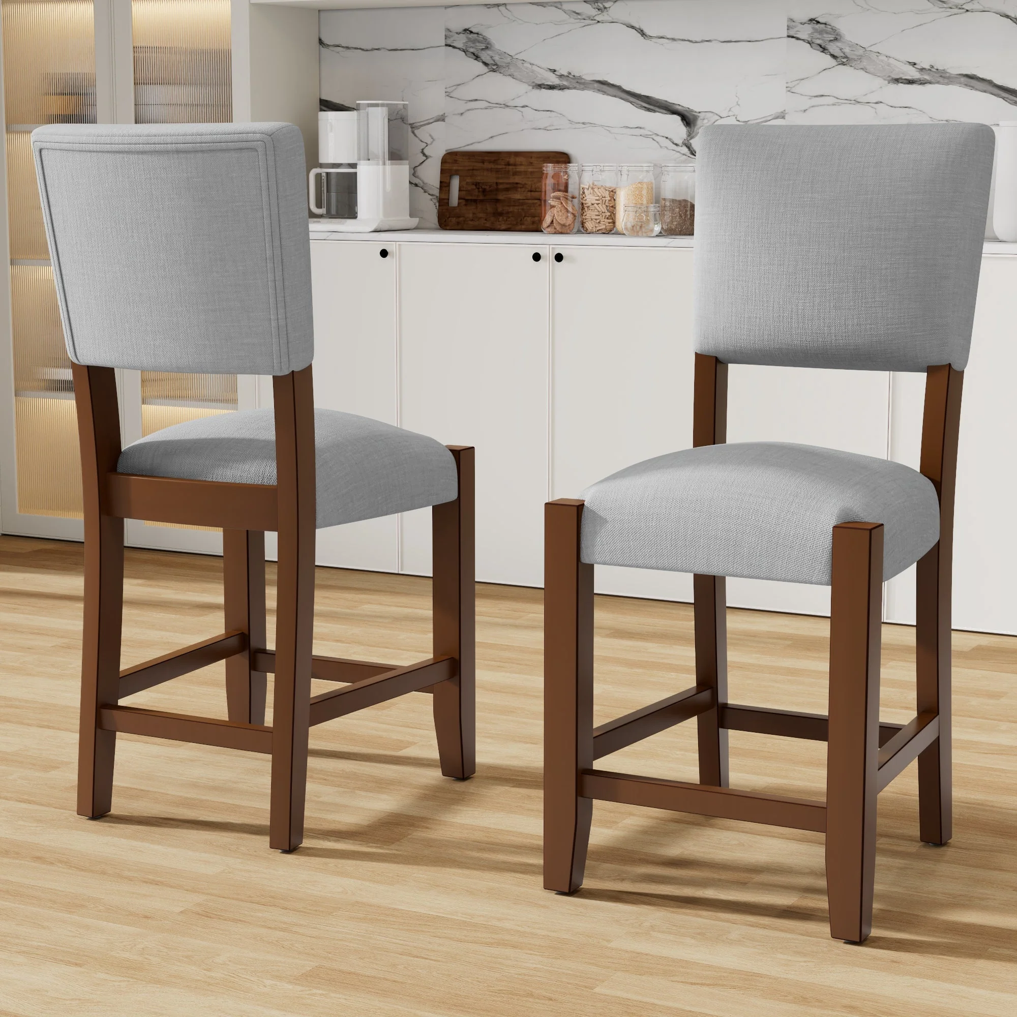 Set of 4 Mid-Century Modern Bar Stools, 40 in Linen Upholstered Counter Chairs with Rubber Wood Legs, Gray - Image 2