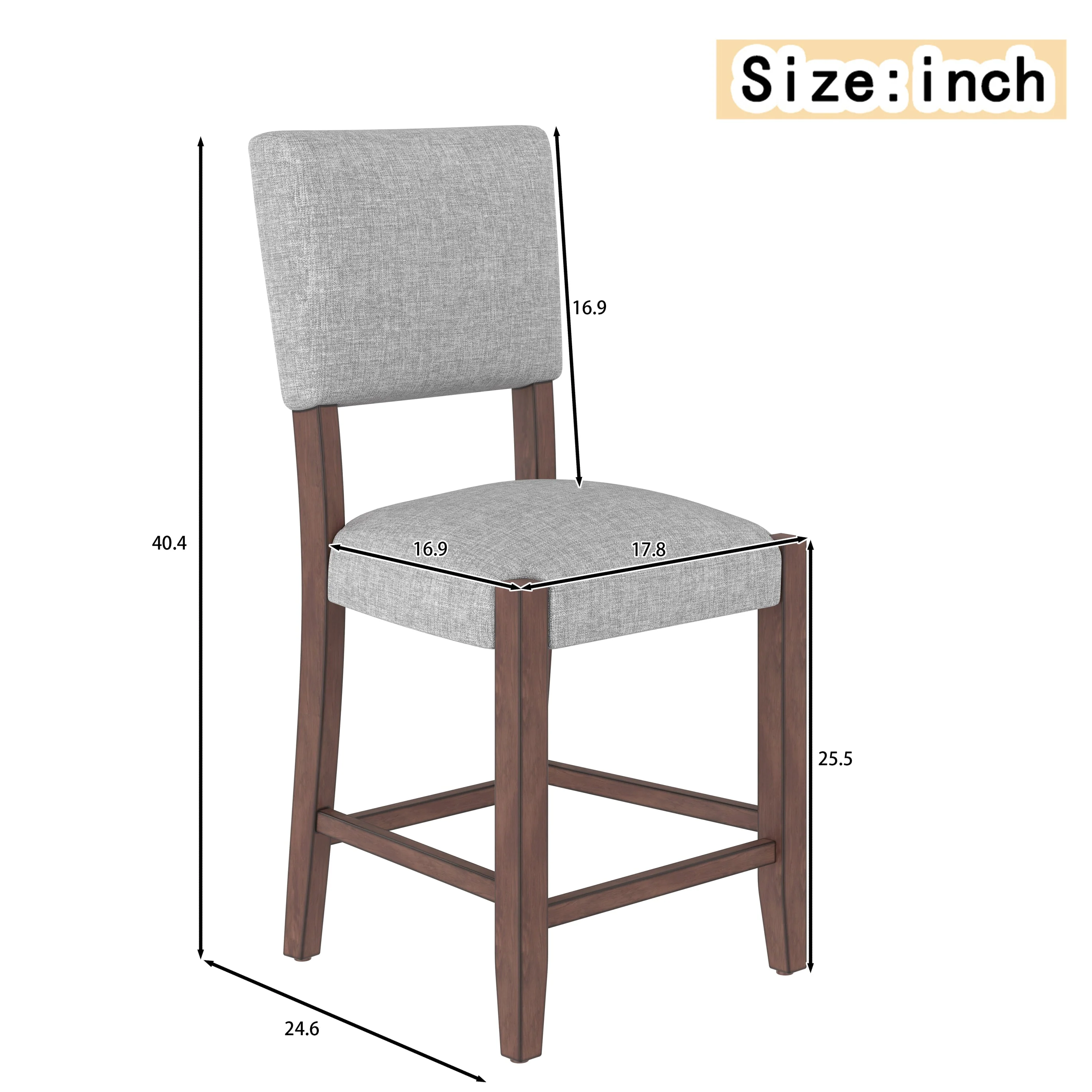 Set of 4 Mid-Century Modern Bar Stools, 40 in Linen Upholstered Counter Chairs with Rubber Wood Legs, Gray - Image 3