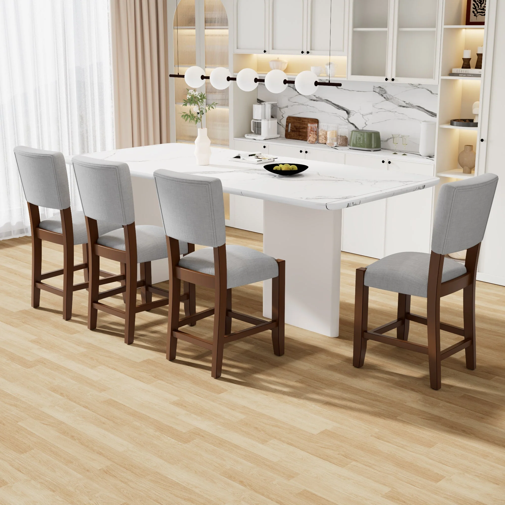 Set of 4 Mid-Century Modern Bar Stools, 40 in Linen Upholstered Counter Chairs with Rubber Wood Legs, Gray - Image 4