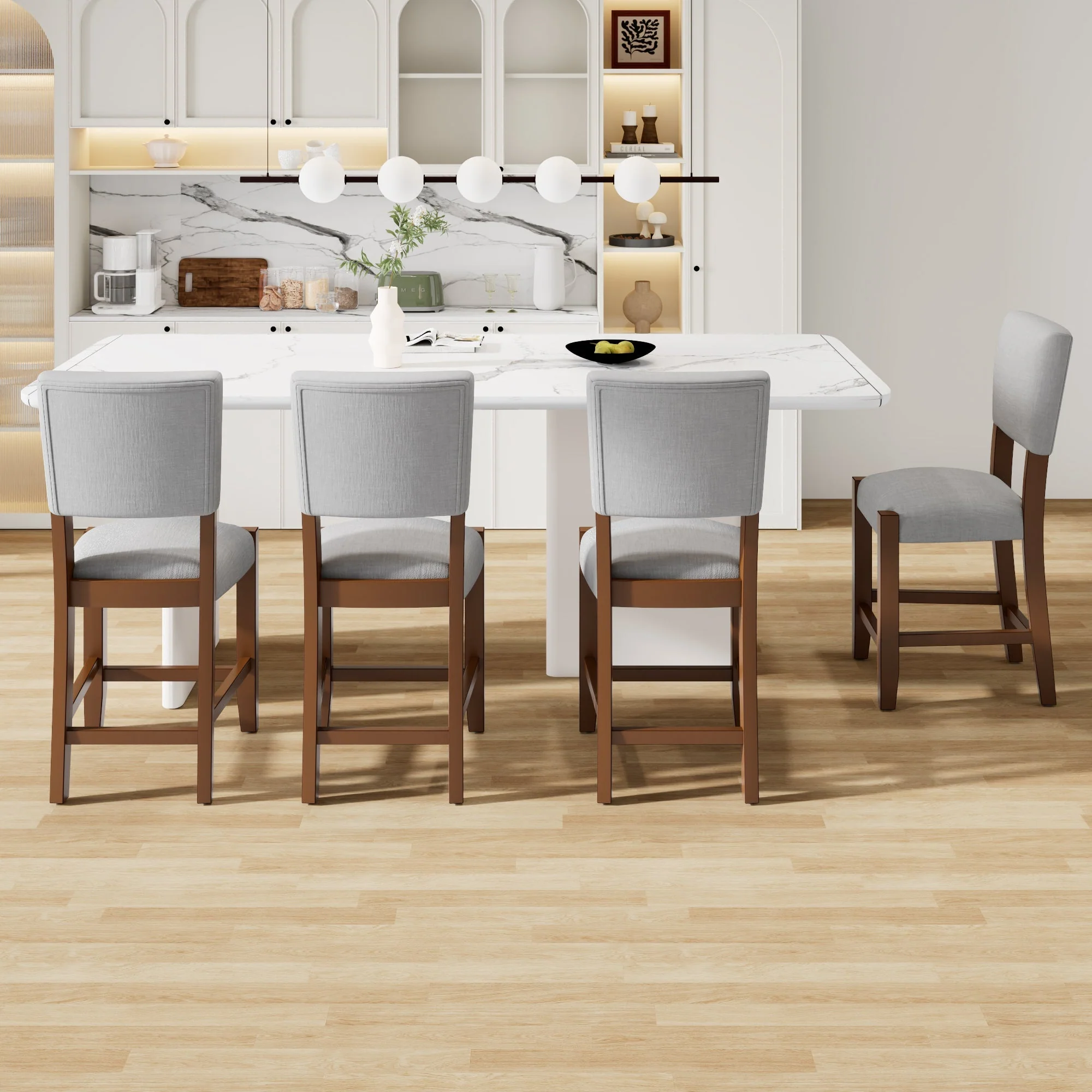 Set of 4 Mid-Century Modern Bar Stools, 40 in Linen Upholstered Counter Chairs with Rubber Wood Legs, Gray - Image 5