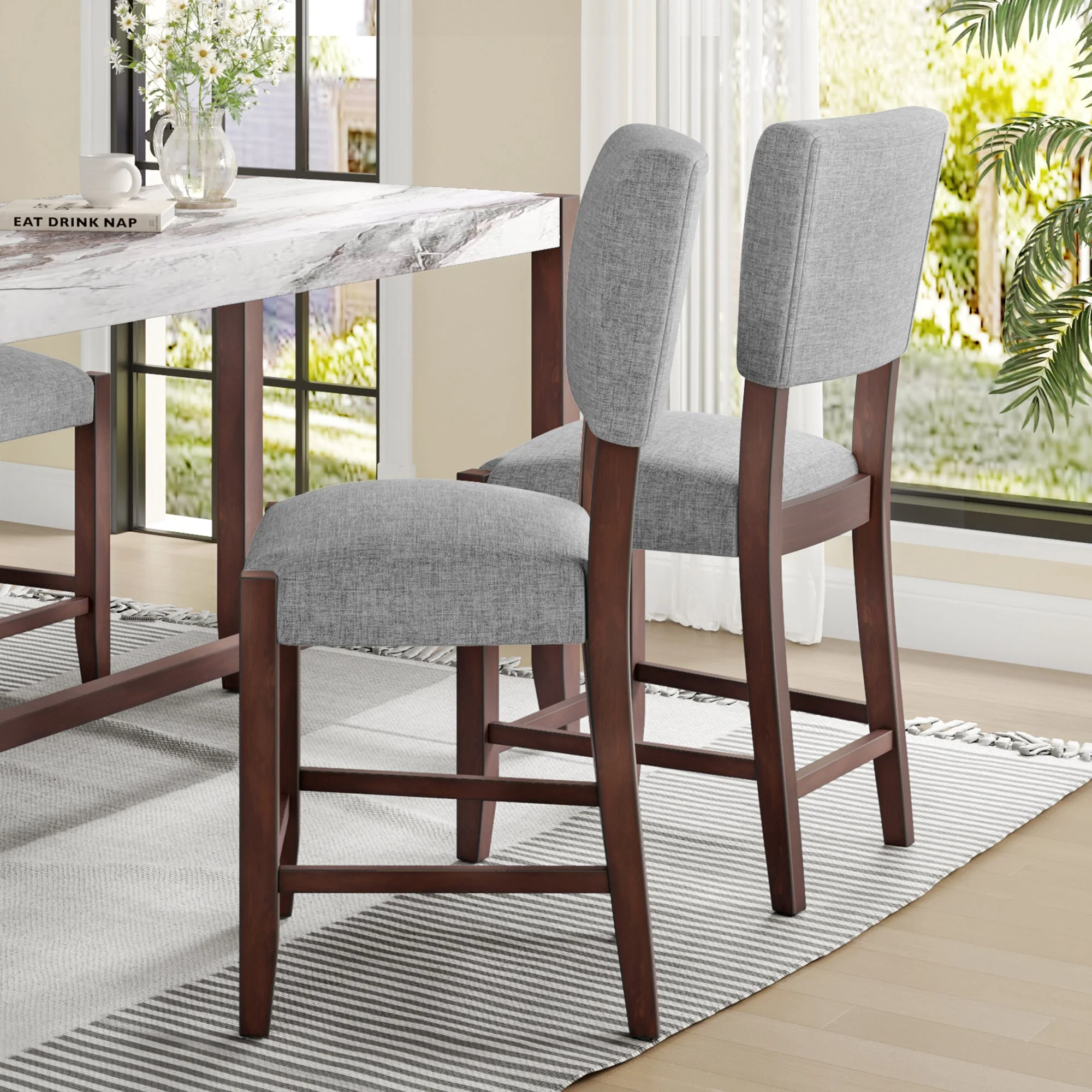 Set of 4 Mid-Century Modern Bar Stools, 40 in Linen Upholstered Counter Chairs with Rubber Wood Legs, Gray - Image 6