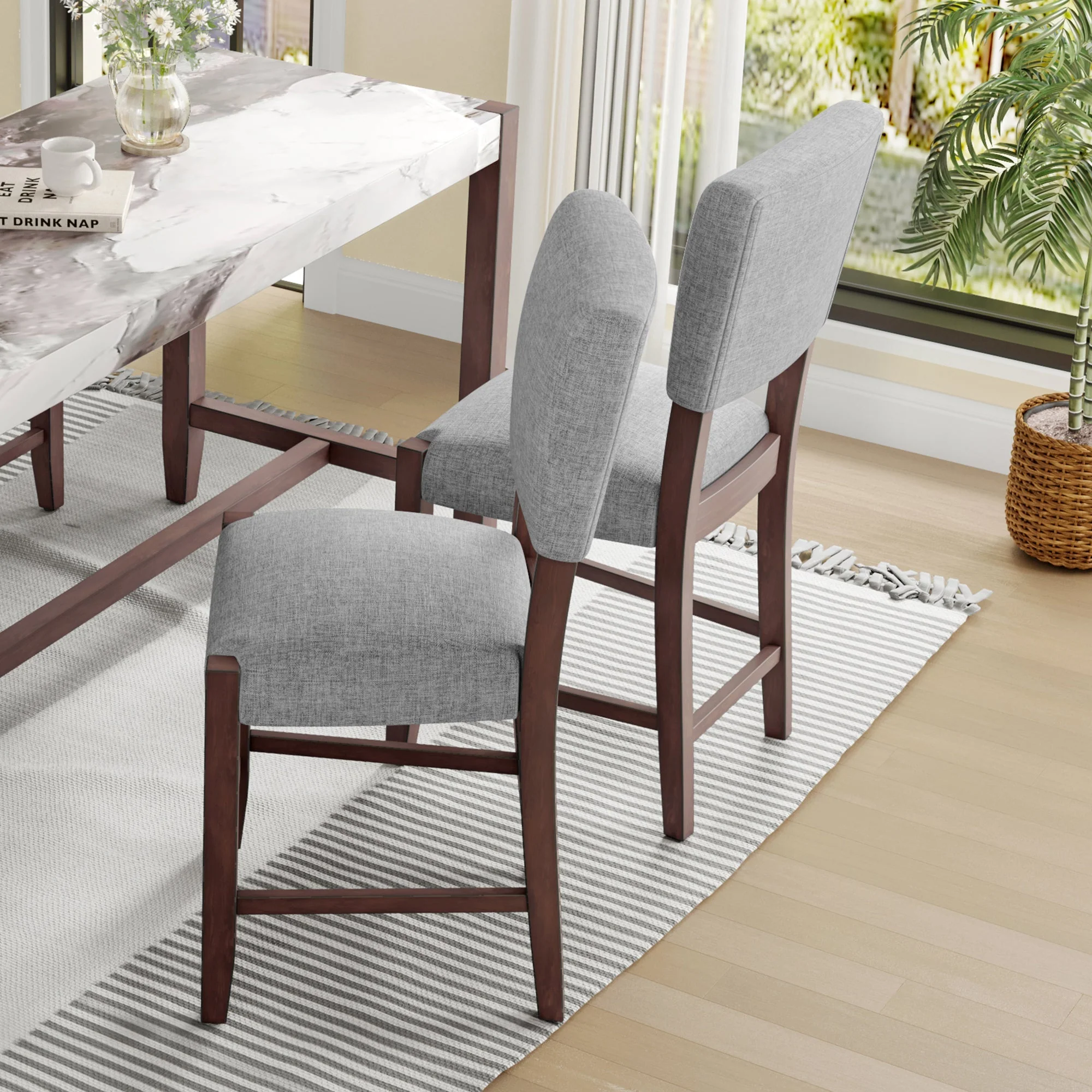 Set of 4 Mid-Century Modern Bar Stools, 40 in Linen Upholstered Counter Chairs with Rubber Wood Legs, Gray - Image 7