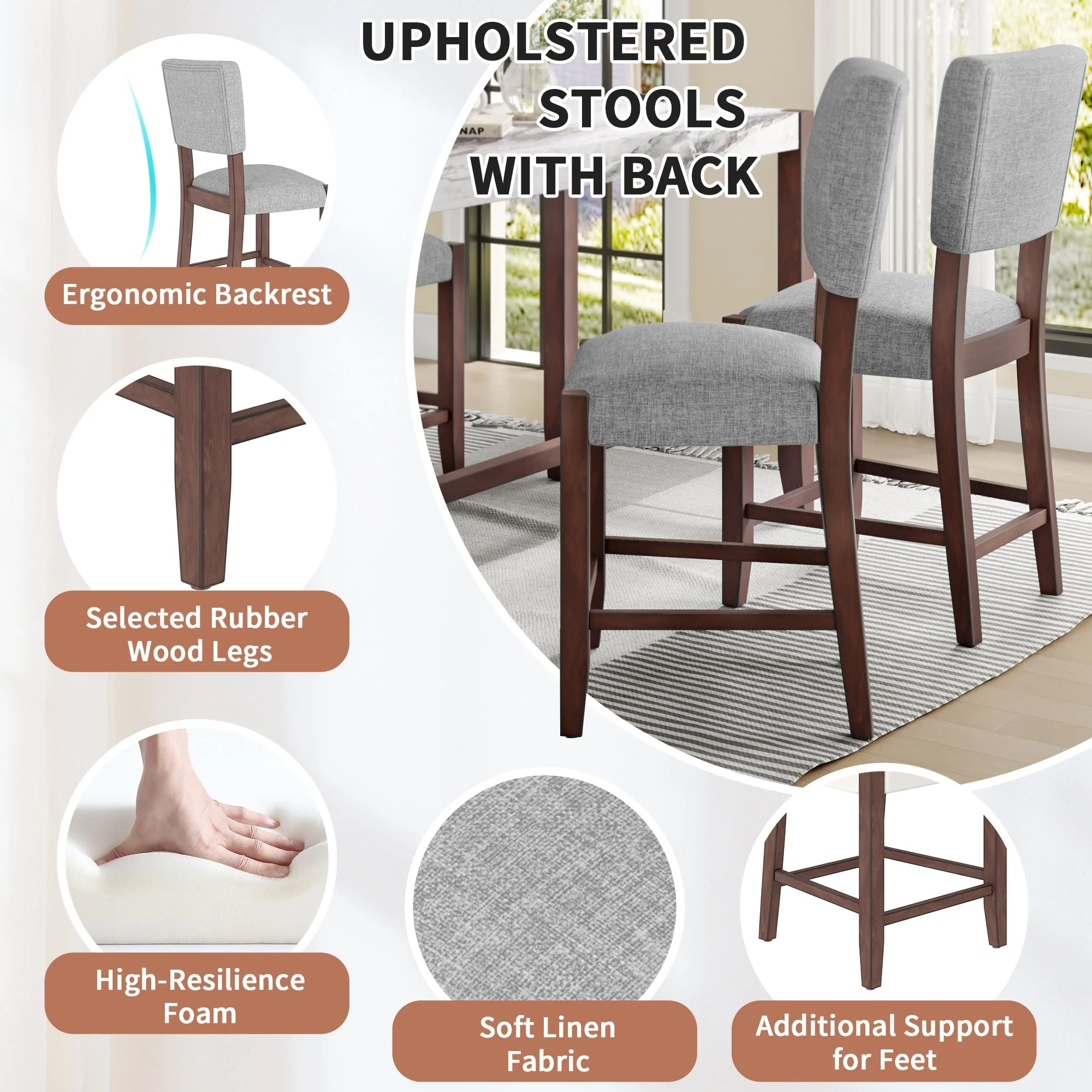 Set of 4 Mid-Century Modern Bar Stools, 40 in Linen Upholstered Counter Chairs with Rubber Wood Legs, Gray - Image 8