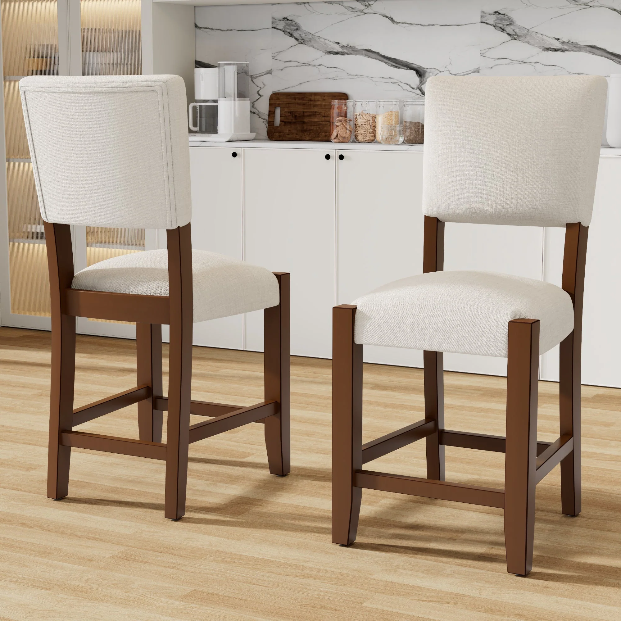 Set of 4 Mid-Century Modern Bar Stools, 40 in Linen Upholstered Counter Chairs with Rubber Wood Legs, Off White - Image 2