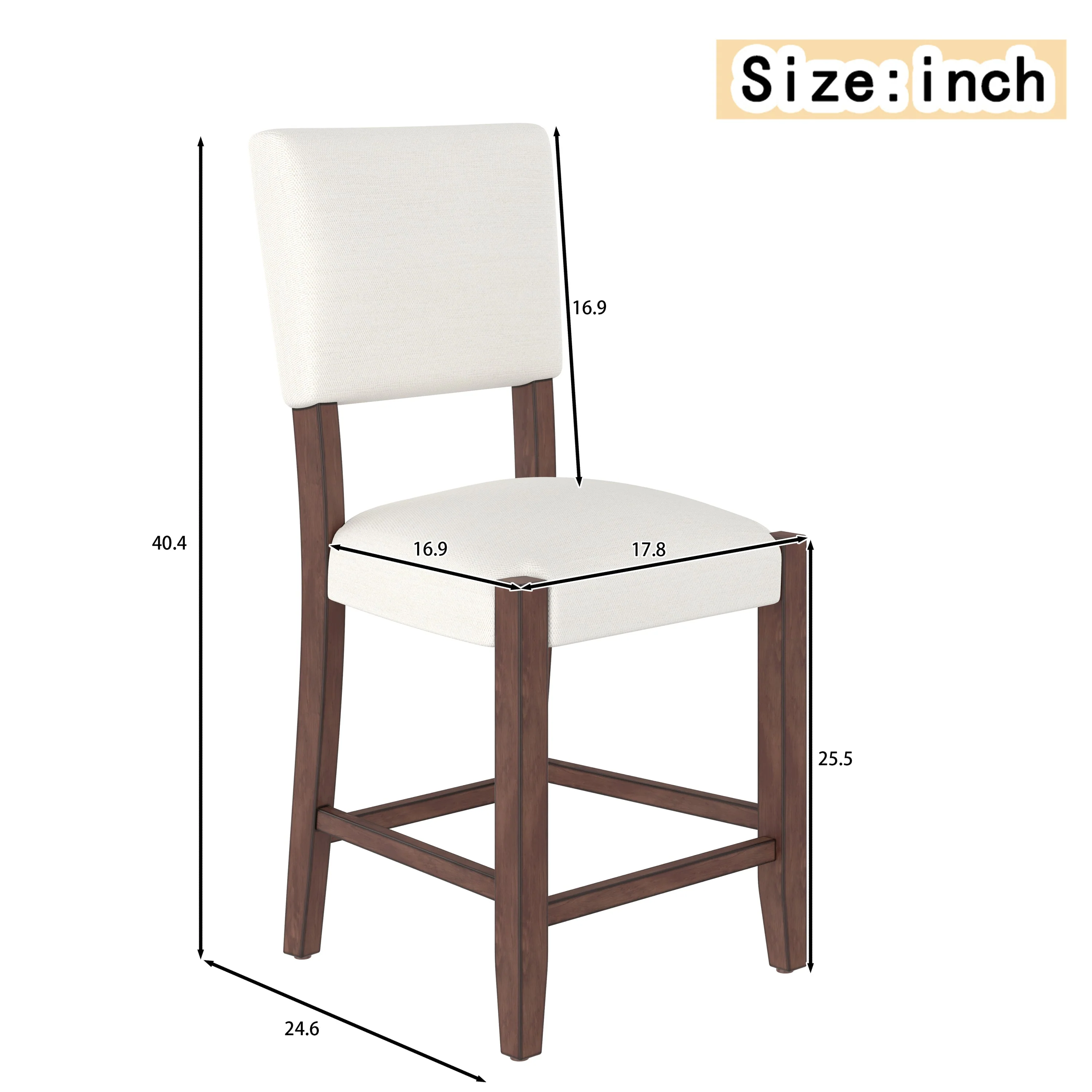 Set of 4 Mid-Century Modern Bar Stools, 40 in Linen Upholstered Counter Chairs with Rubber Wood Legs, Off White - Image 3